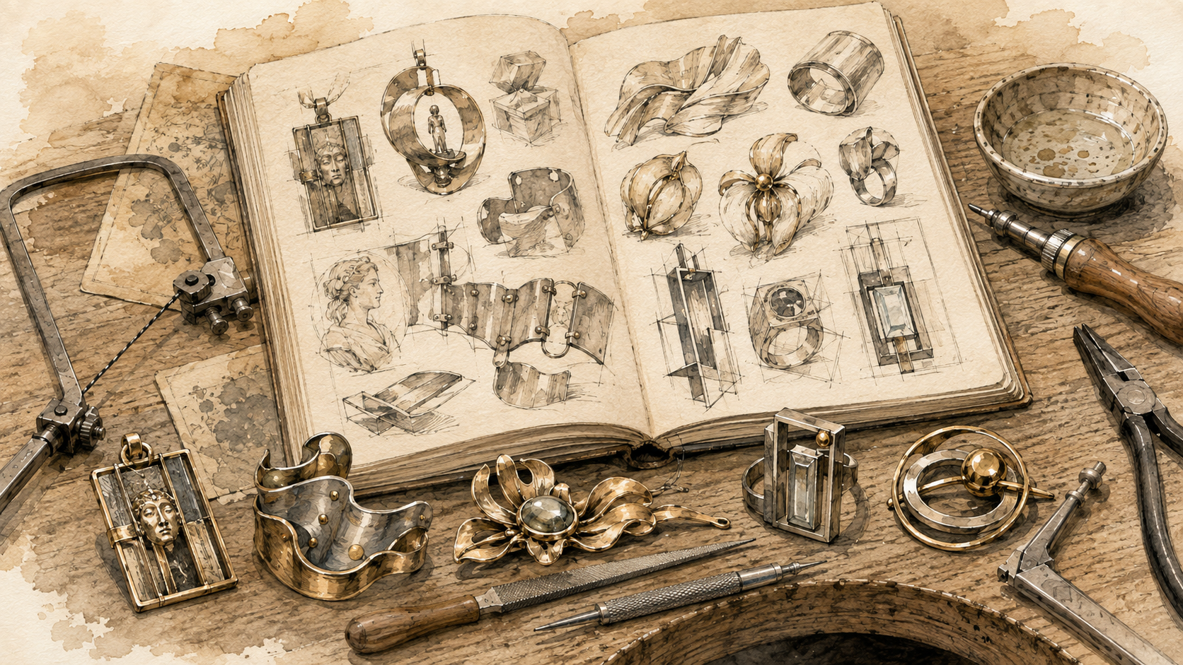 An open sketchbook displaying jewelry design sketches, surrounded by various jewelry pieces, tools, and molds on a wooden workbench.