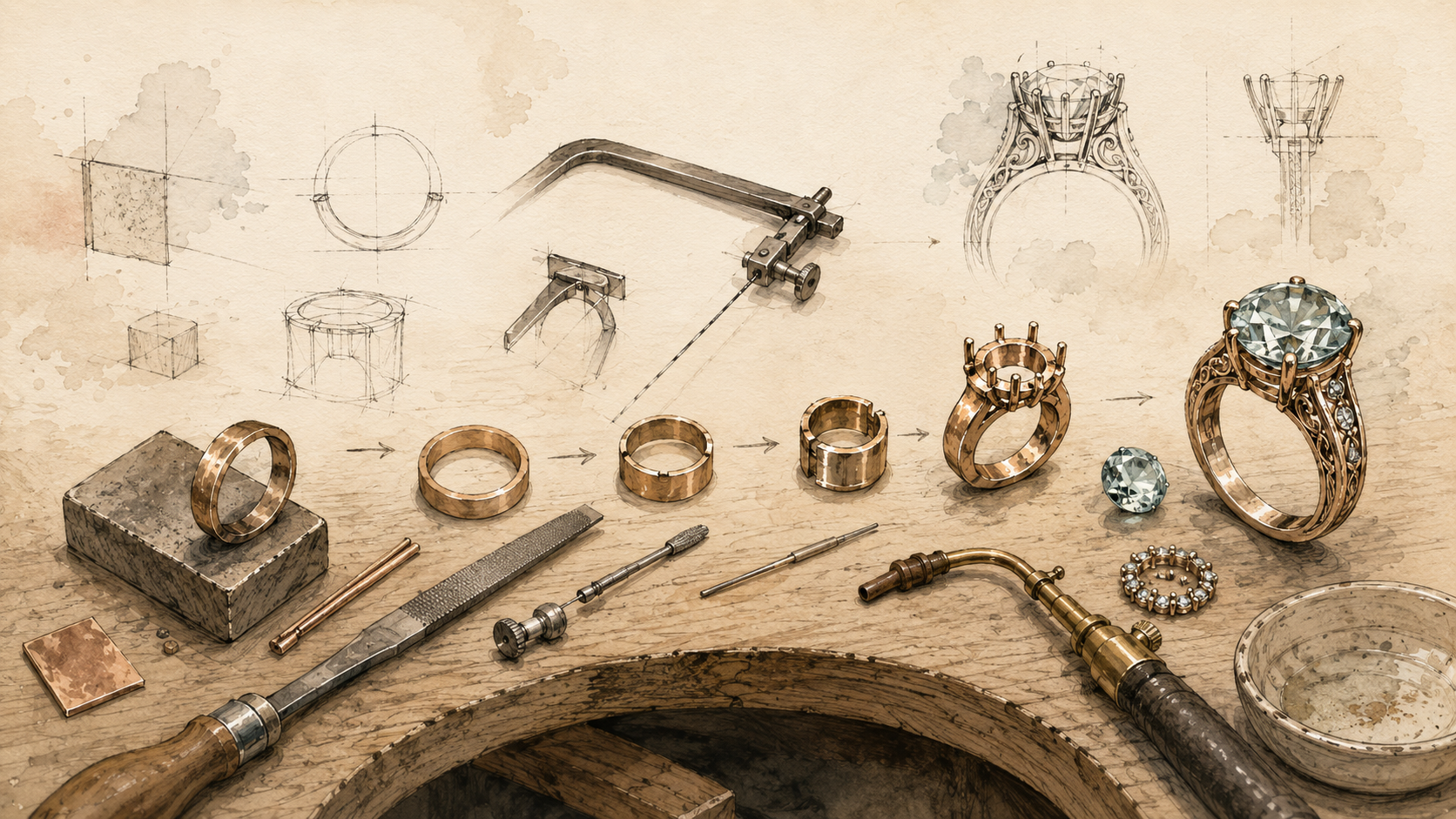 Jewelry-making process with sketches, tools, and rings on a workbench, including a large gemstone ring, a smaller gemstone, and various stages of ring assembly.