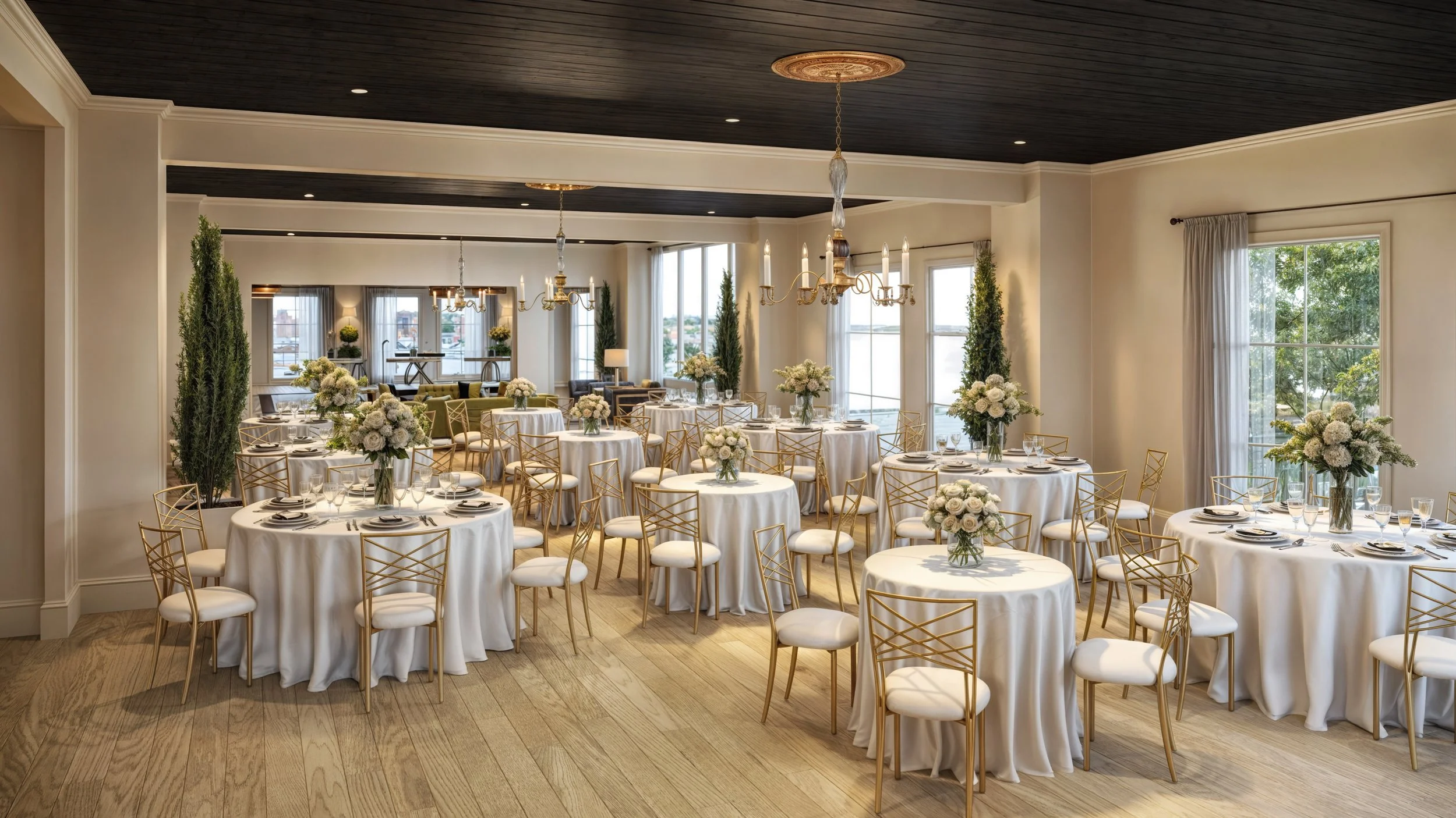 Elegant banquet hall decorated with white tablecloths, floral centerpieces, and gold chairs, ready for a special event.