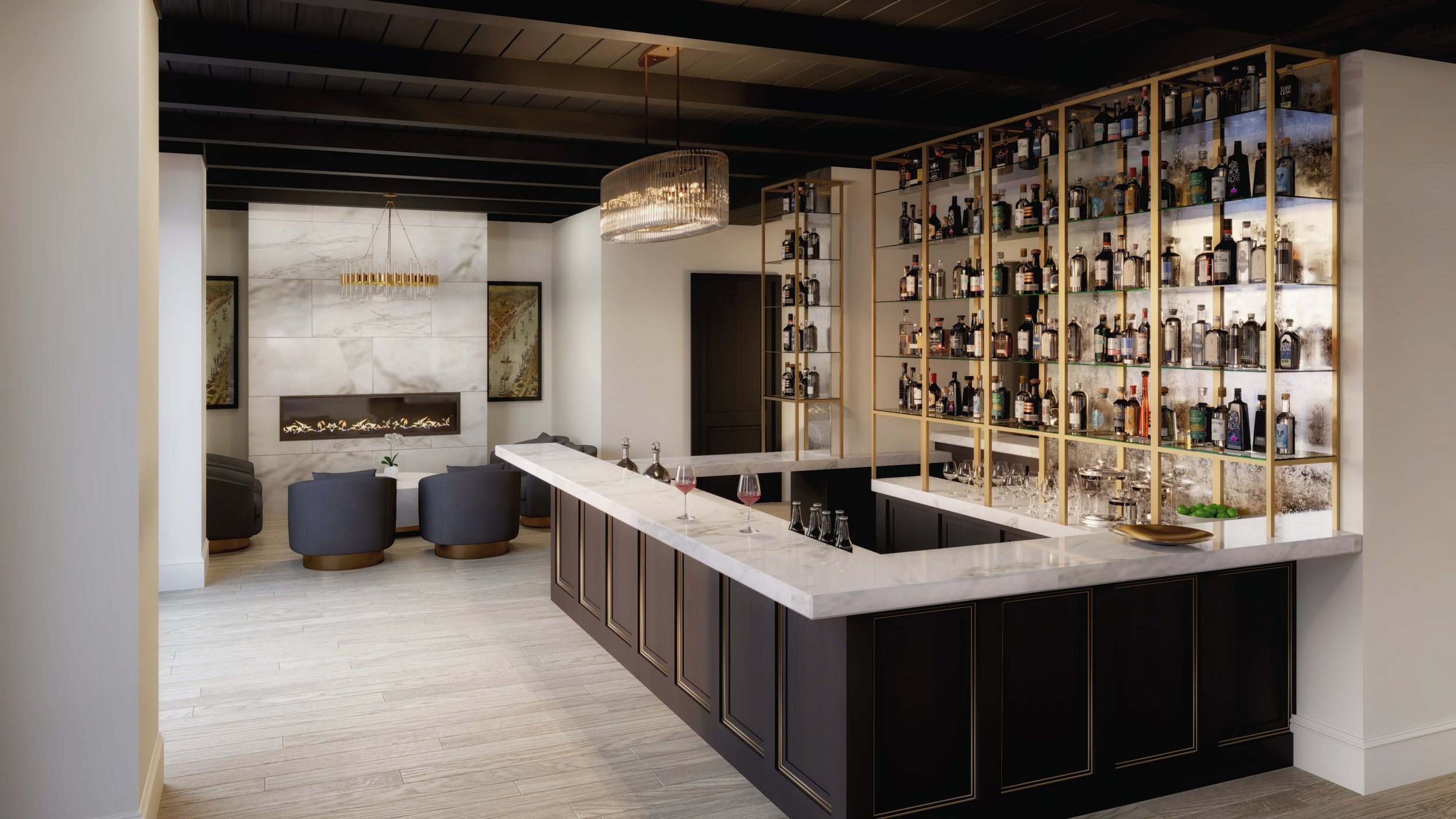 Modern bar with a marble countertop and a display of various bottles of alcohol on a gold shelving unit, with a seating area featuring black chairs, a fireplace, and artwork on the walls.
