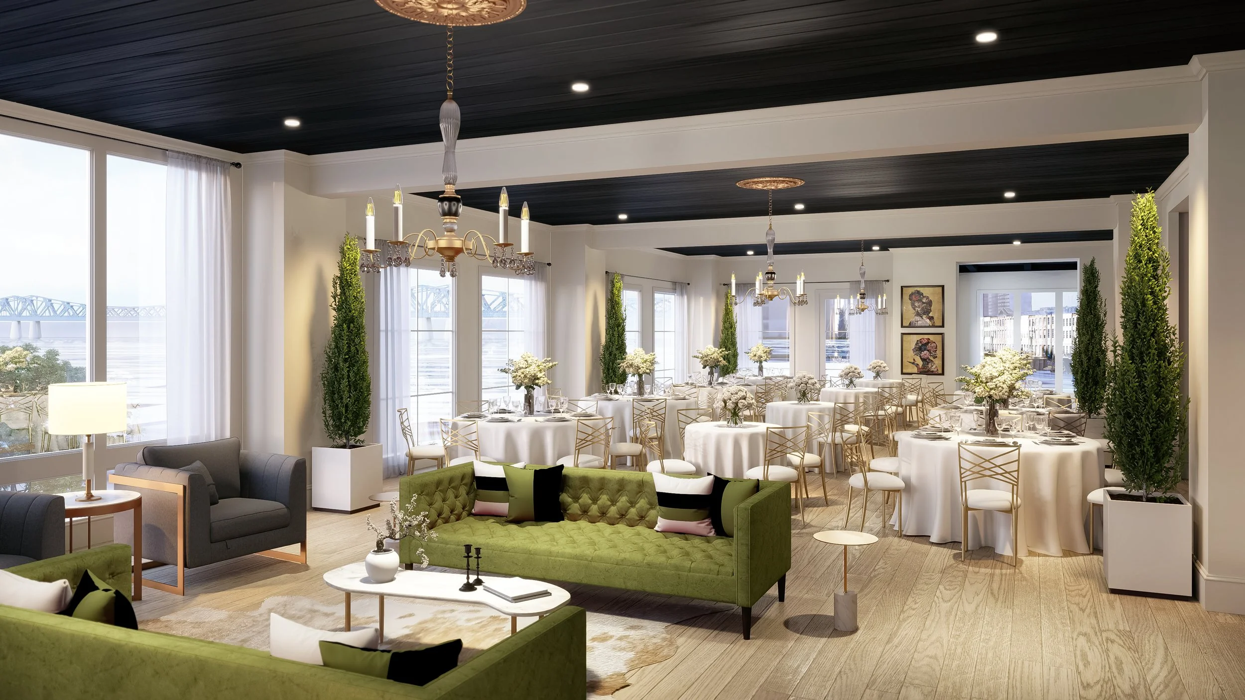 Elegant event space decorated with round tables covered in white tablecloths, floral centerpieces, gold chairs, green sofas with accent pillows, and black and white striped throw pillows. Large windows with white curtains let in natural light. Chande