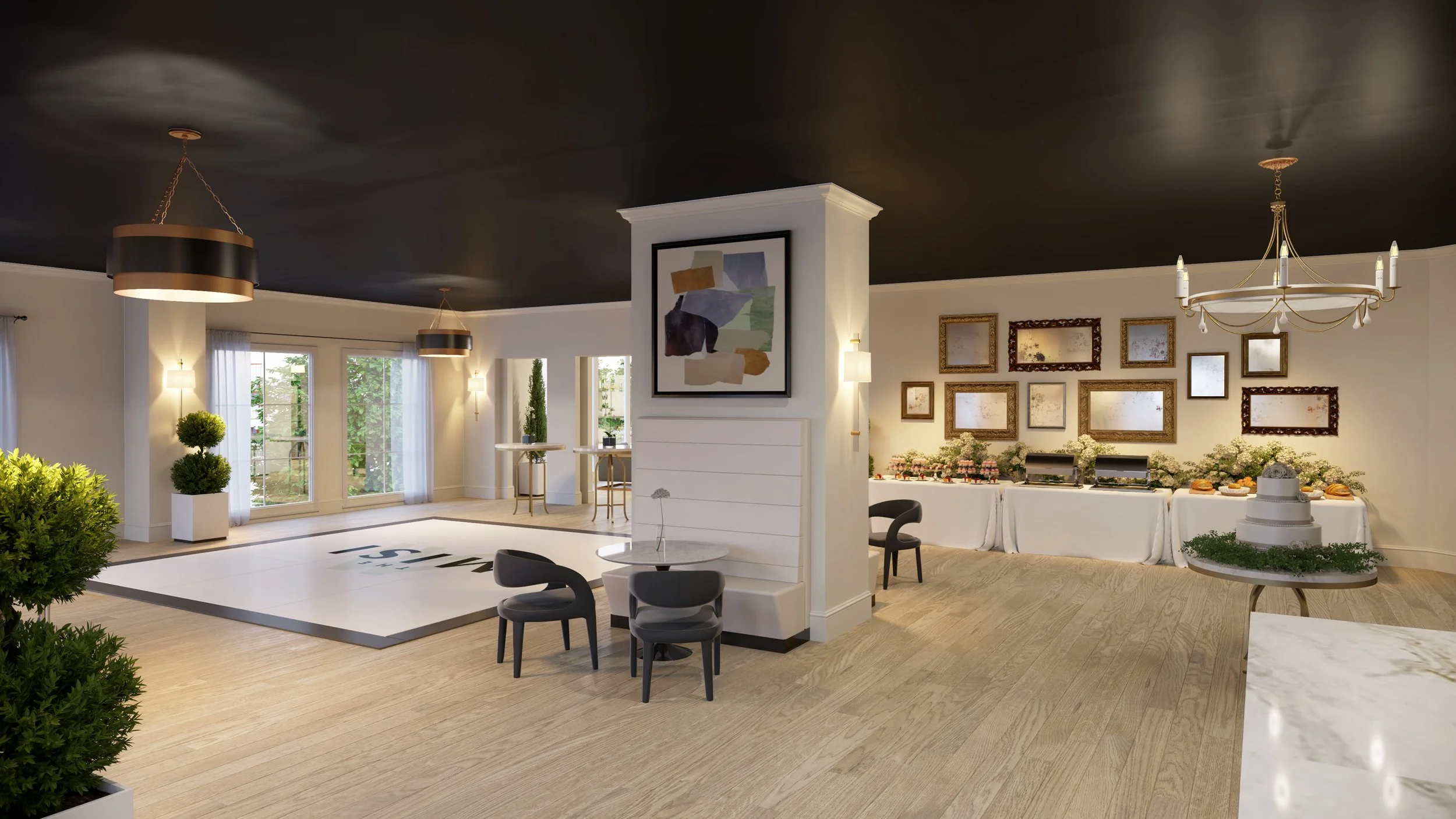 Elegant modern event space with light wood flooring, white walls, black ceiling, large window doors with curtains, framed artwork and mirrors on the wall, decorative plants, a cake stand, and a buffet table with food, set for a celebration.