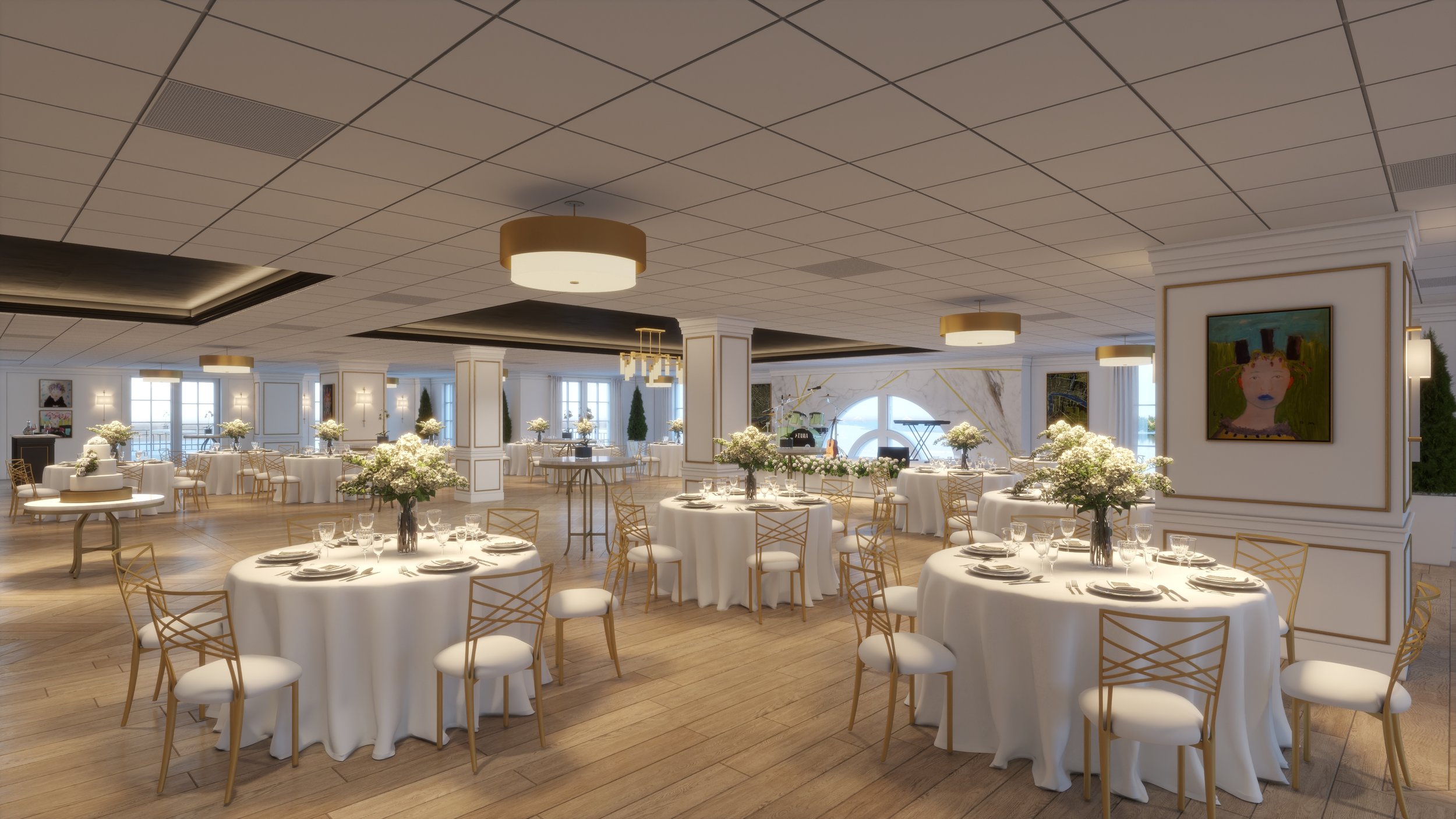 Elegant banquet hall with round tables covered in white tablecloths, decorated with floral centerpieces, and surrounded by gold chairs with white cushions. The room has large windows, modern lighting fixtures, and artwork on the walls.