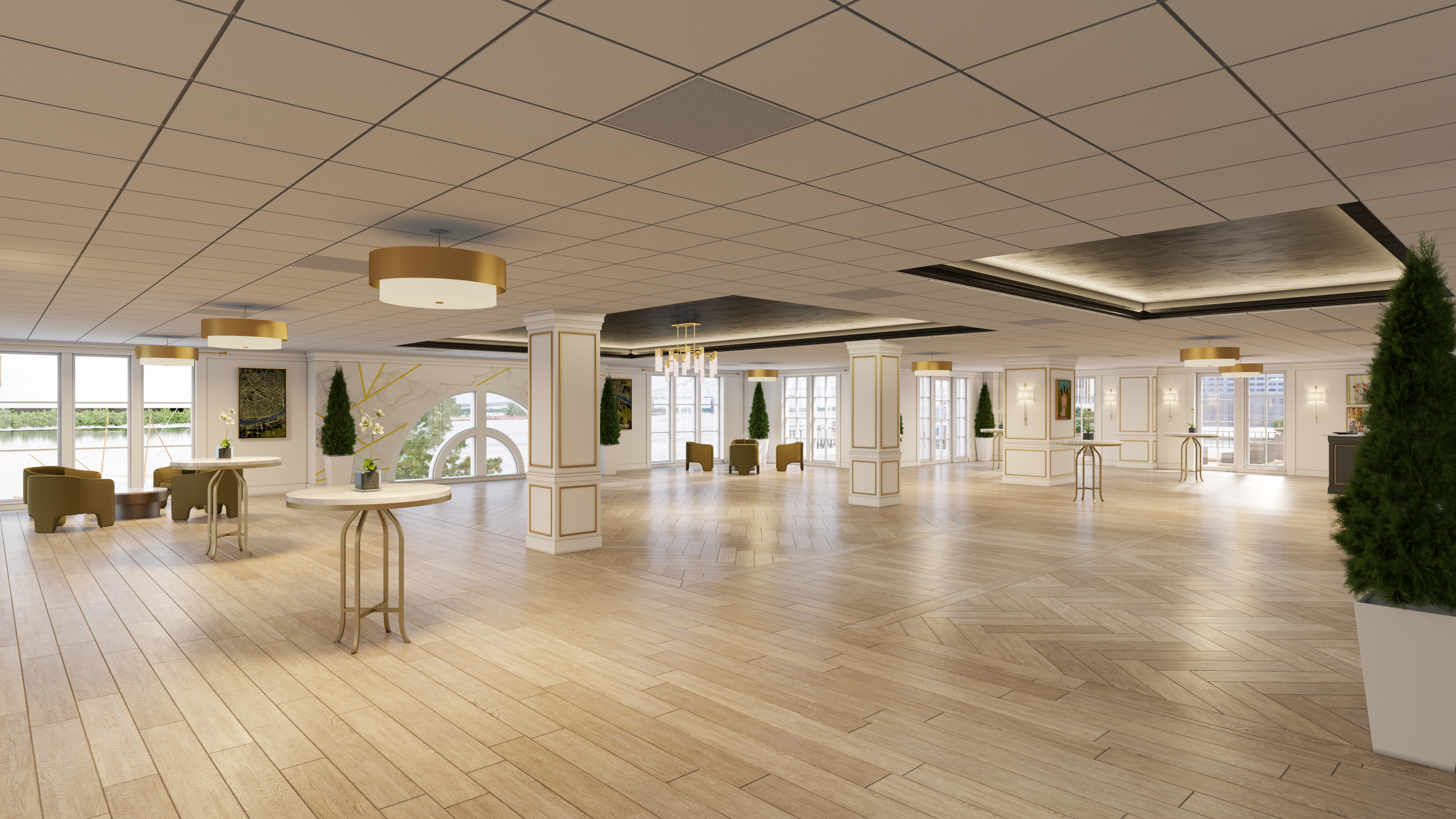 Spacious, elegant room with large windows, wooden floors, white paneled walls with gold accents, and modern ceiling lighting. There are a few seating areas with chairs and tables, potted plants, artwork, and a bar area in the background.