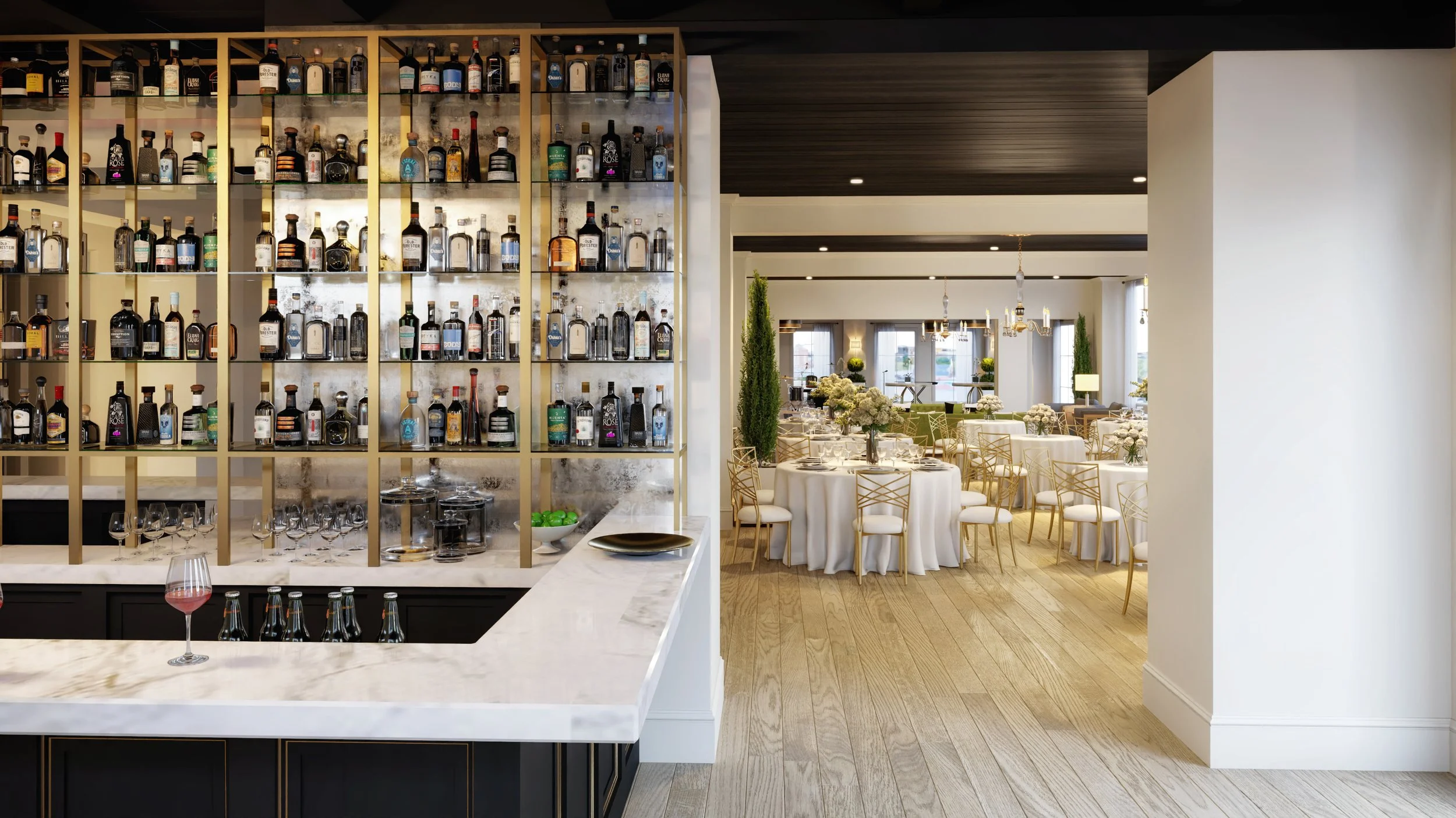 Upscale restaurant interior with a well-stocked bar on the left and elegant dining area with white tablecloths, floral centerpieces, and gold chairs in the background.