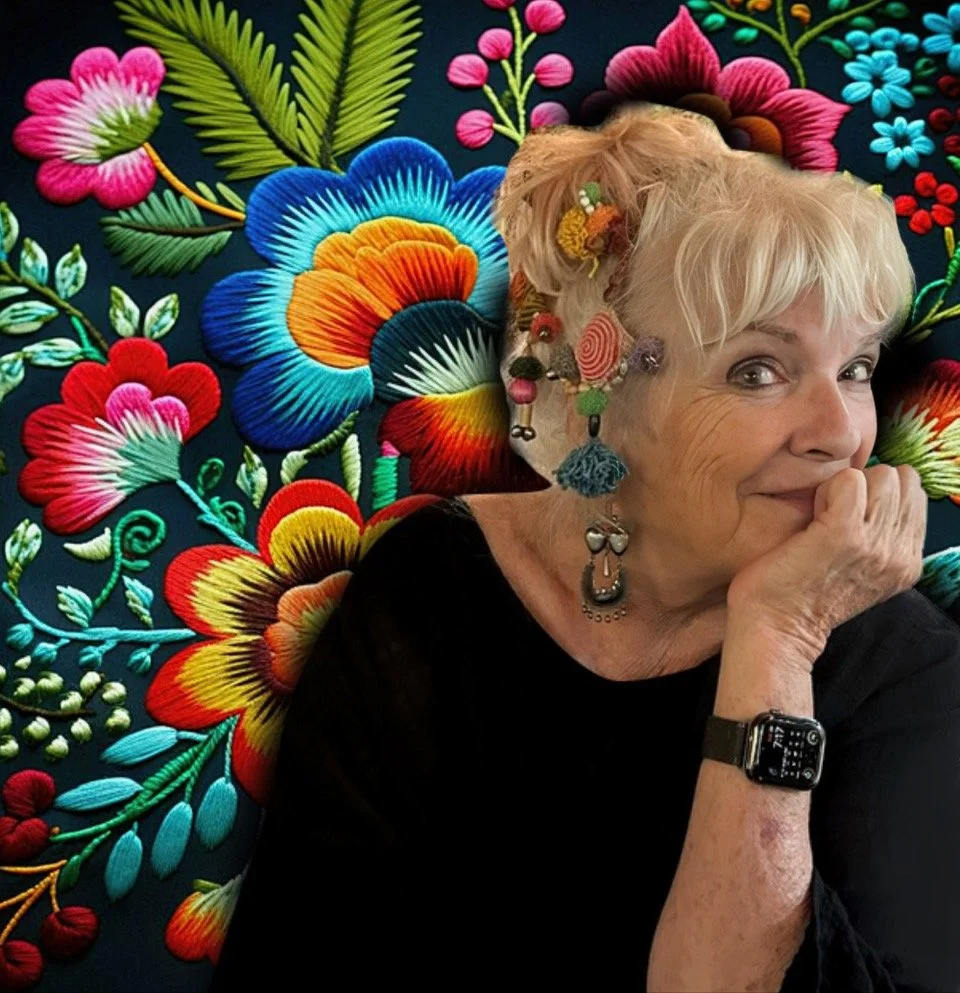 Darlene Olivia McElroy standing in front of an artistic background