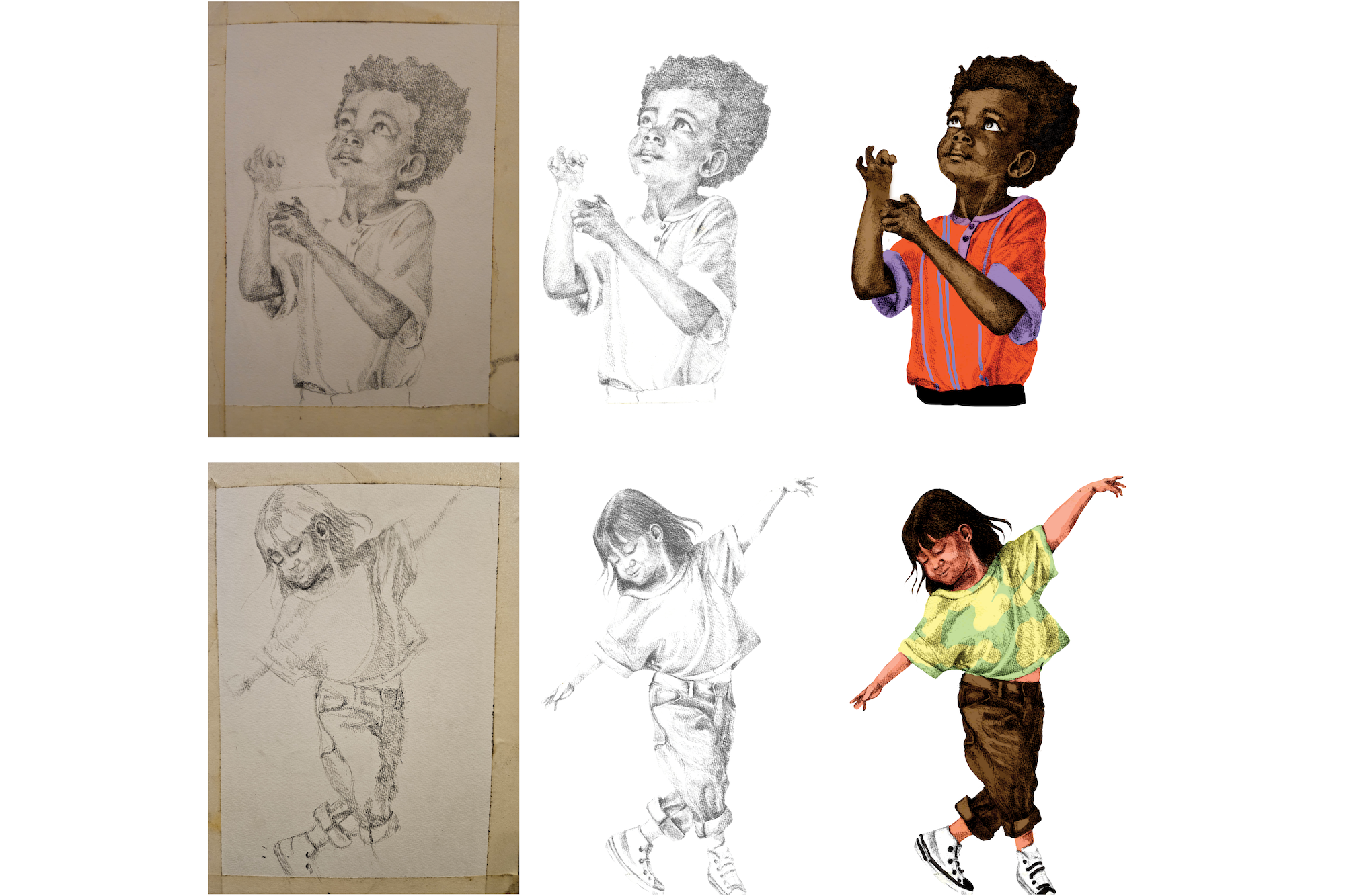 Process sketches from sketchbook to scan to digital coloring