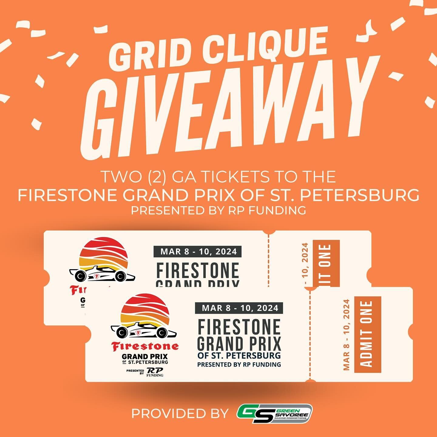 📢 WANNA GO TO THE INDYCAR SEASON OPENER? 

We gotchu 😉 We&rsquo;re giving away 2 GA TICKETS to the @indycar Firestone Grand Prix in beautiful St. Petersberg, Florida March 8-10! To enter:

✨ Make sure you&rsquo;re following @gridclique 
✨ Comment t