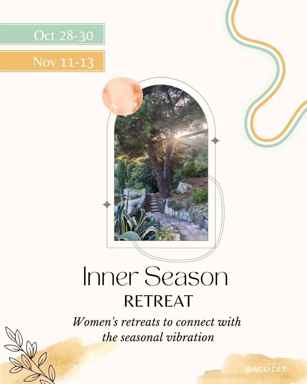 Inner Season Retreat🍁Autumn Introspective

I'm very happy to introduce you to the first Aguid&eacute;e Women's Retreat : 𝐼𝑛𝑛𝑒𝑟 𝑆𝑒𝑎𝑠𝑜𝑛. 

Women's circles ✺ Sacred ceremonies ✺ Connection to nature 

These sacred weekends are an invitation 