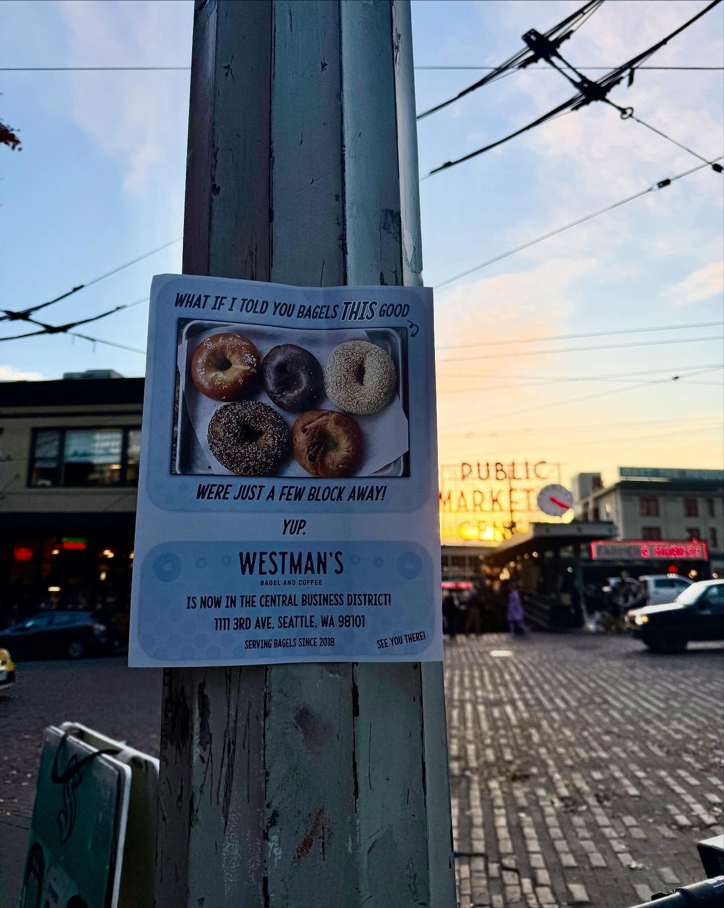 Spotted near Pike Place, we&rsquo;re just a few blocks away!
Come grab your favorite bagels and coffee at our new spot in the Central Business District.
📍1111 3rd Ave, Seattle, WA
#WestmansBagels #SeattleEats #SeattleCoffee #PikePlace #SeattleFoodie