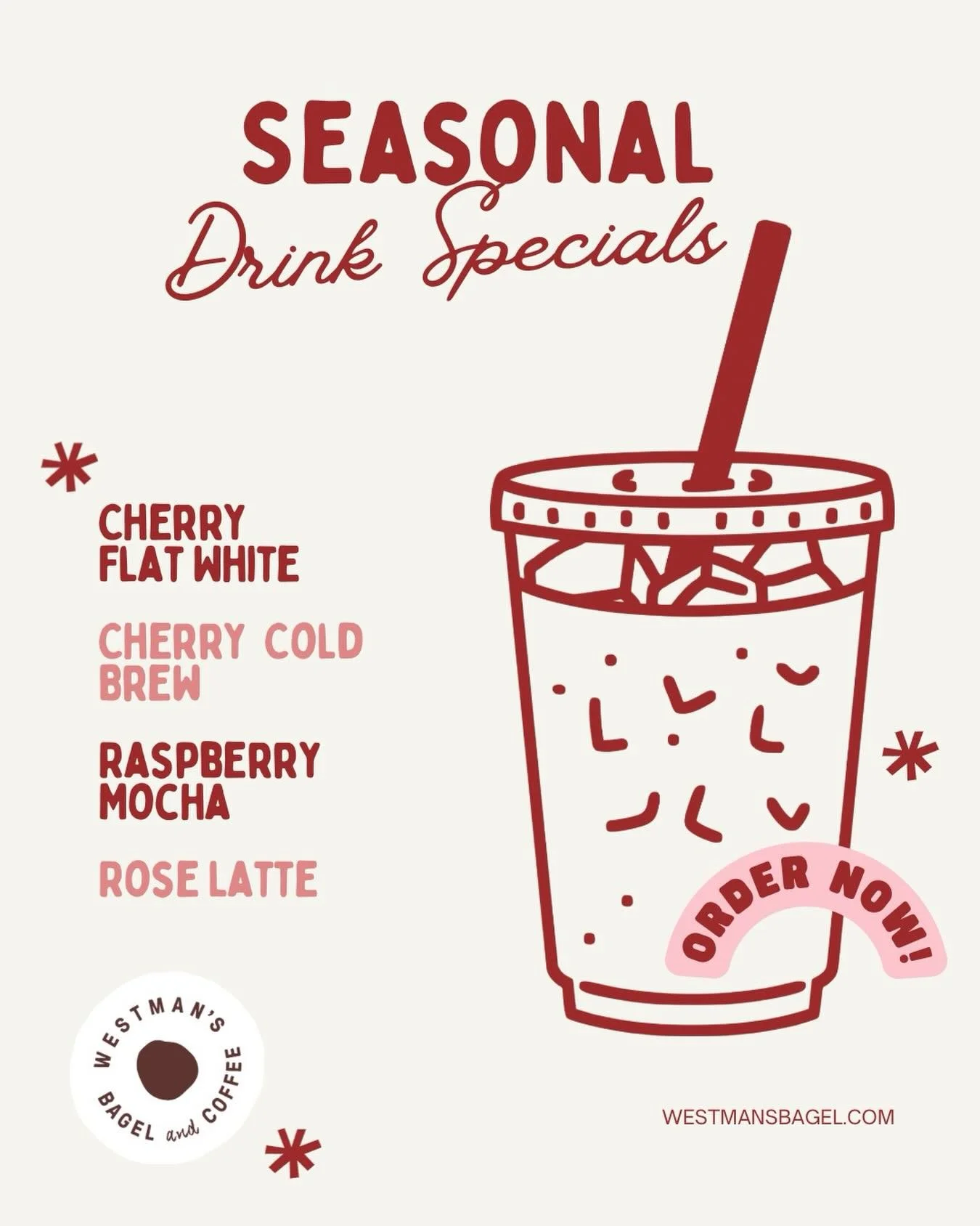 Seasonal sips are officially here 💕
Cherry flat white, cherry cold brew, raspberry mocha &amp; rose latte&mdash;who are you ordering first? #seattlecoffee #seattlebagels #westmans
