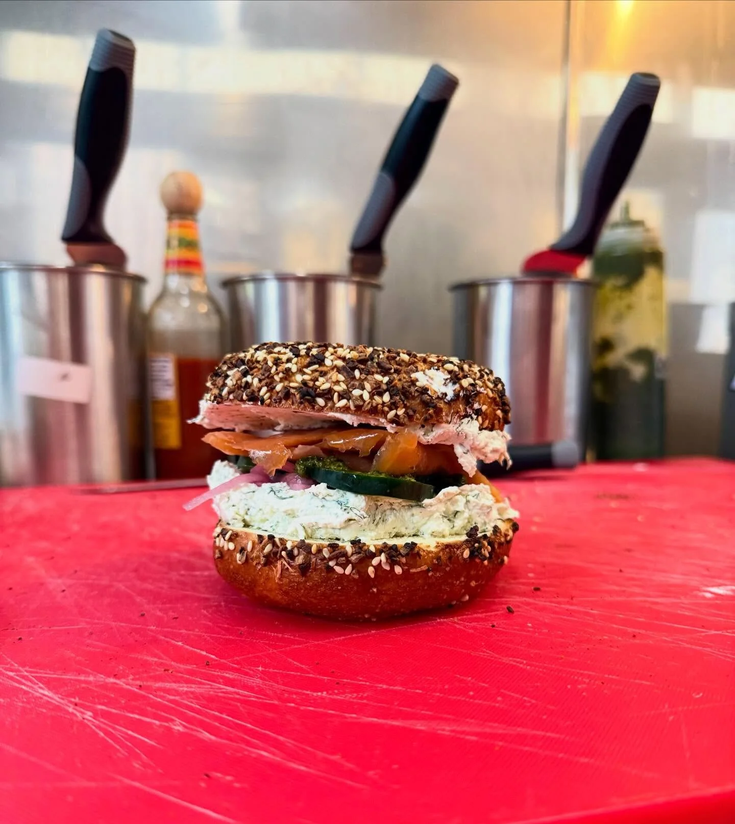 Some of our favorite add ons! Pickled onion, cucumber and lox. Stop by this weekend!