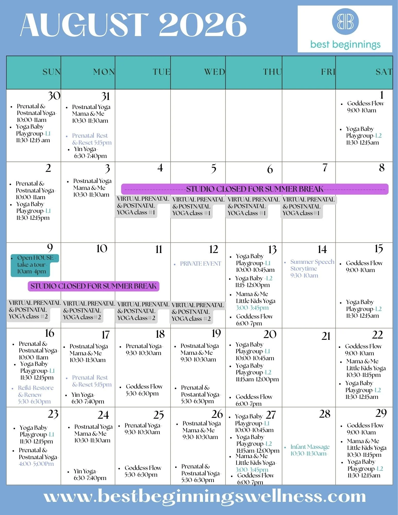 August Schedule best beginnings wellness
