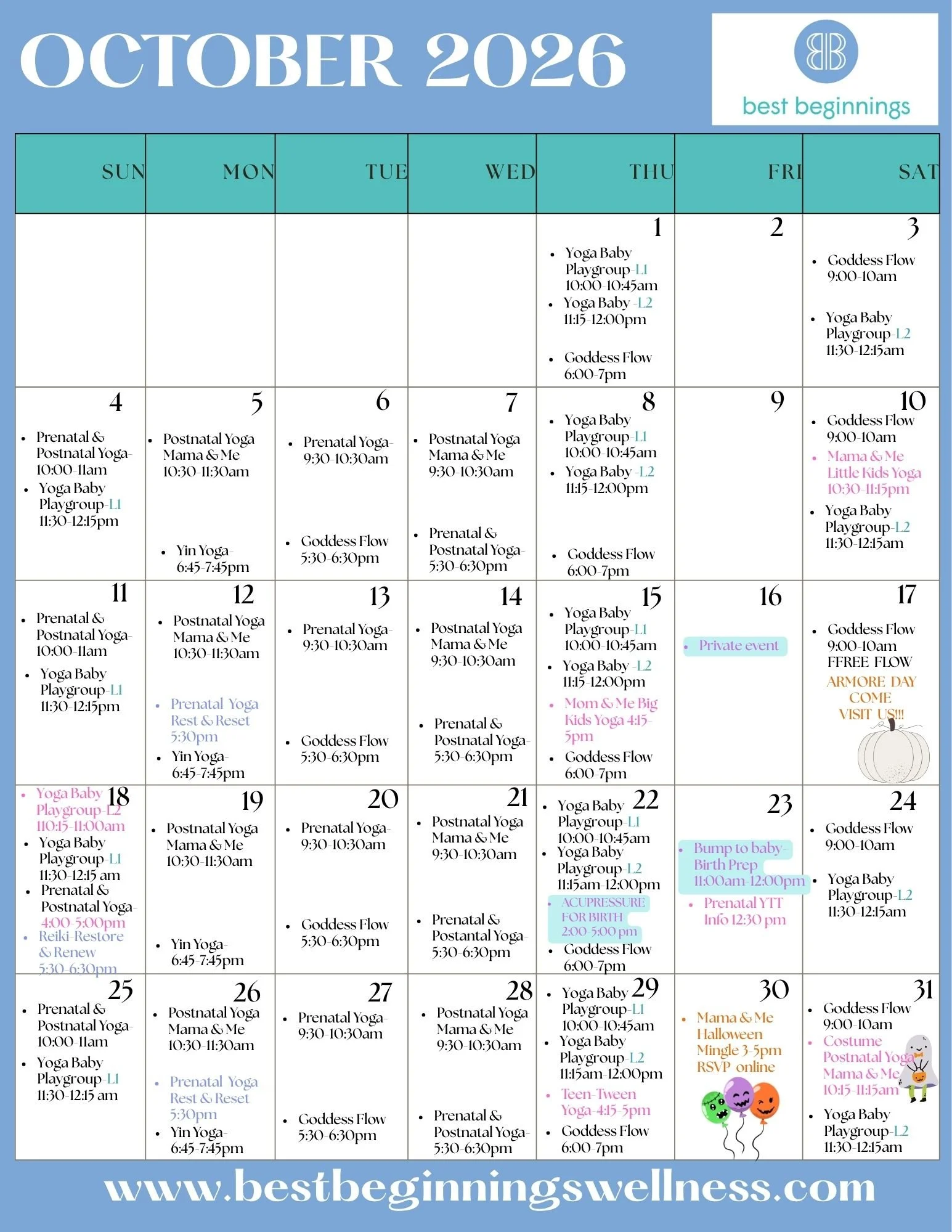 wellness class schedule calendar with special yoga classes, prenatal yoga, women only Mommy and Me Halloween Mingle and costume postpartum yoga, birth prep, acupressure for birth, expert led development infant playgroups, mommy and me classes