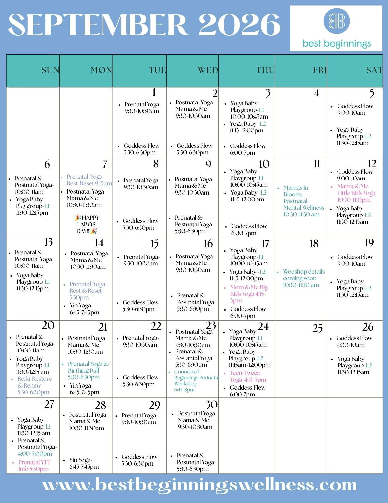 A schedule calendar for September 2026 featuring yoga and wellness classes, prenatal yoga, postnatal yoga, maternal mental health workshops, teen-tween yoga, family yoga, mama and ma yoga, mama and me classes, expert led developmental playgroups