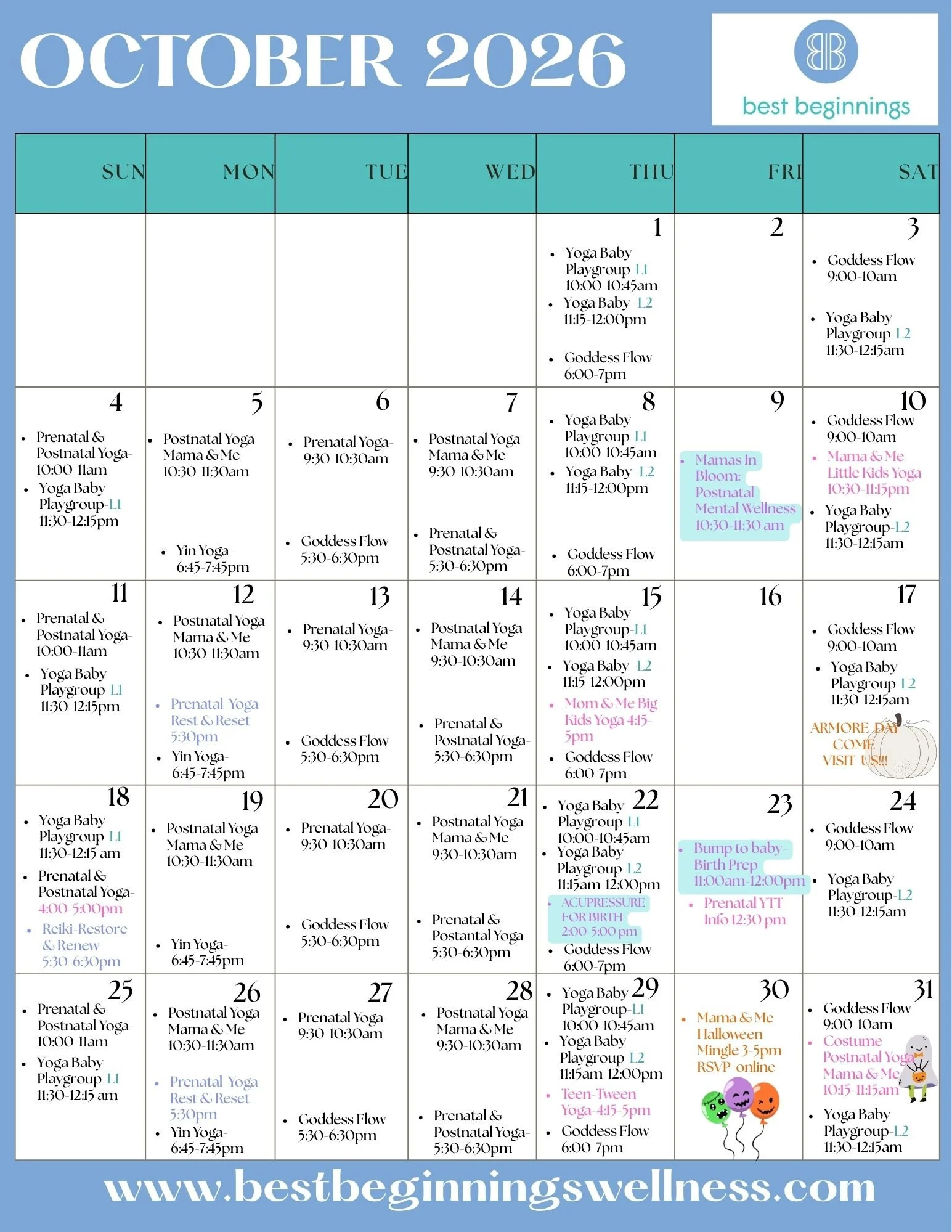 October 2026 with scheduled yoga, postpartum, prenatal classes, and wellness events. The calendar includes class times yoga baby, goddess flow, postpartum yoga, prenatal yoga, Yin yoga, and special events like Halloween Mingle and a costume postnatal