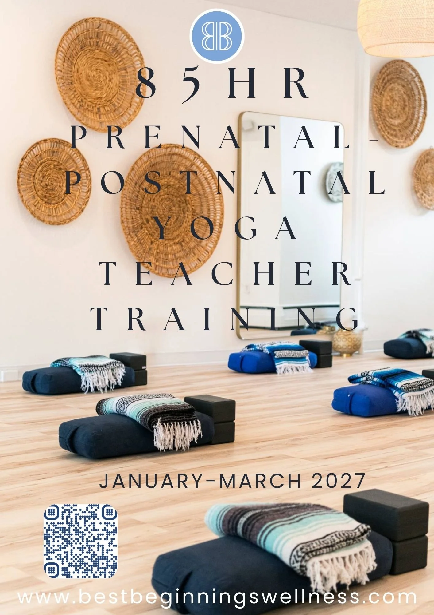 85 hour prenatal postnatal yoga teacher training in Ardmore, PA running January-March 2027.