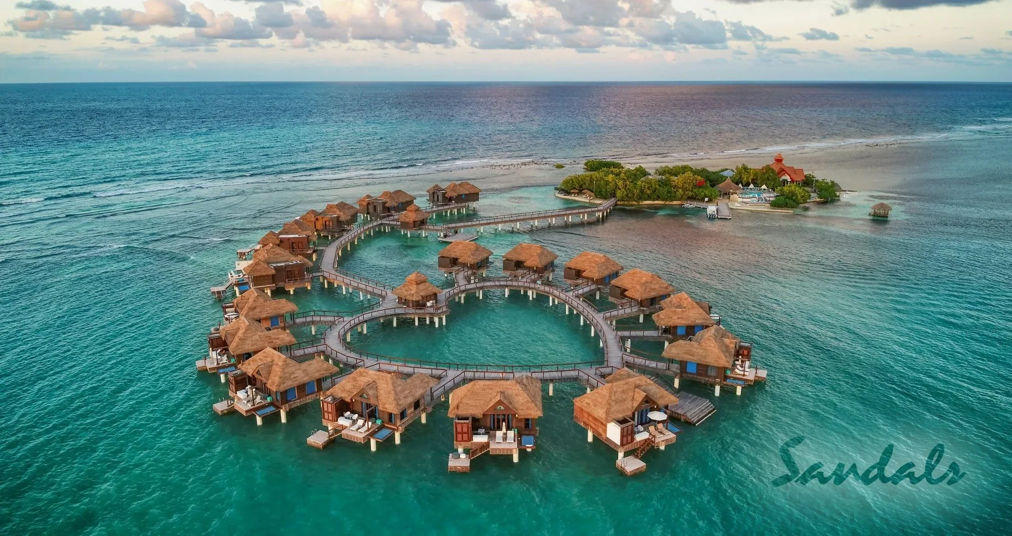 Ariel view of the butler service, over the water bungalows at Sandals Royal Caribbean 