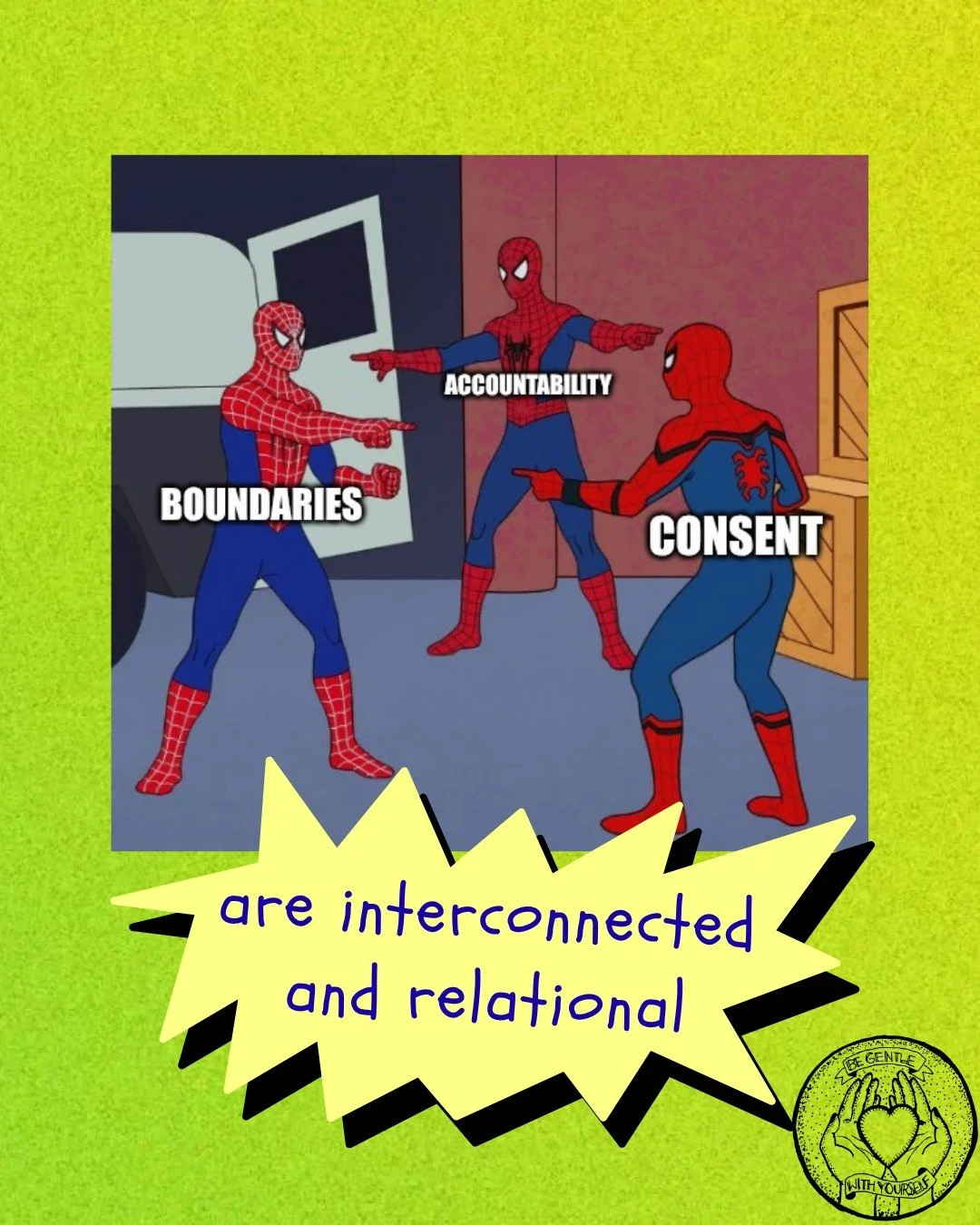 I have regular conversations about boundaries, consent and accountability. More often than not, they're talked about as separate processes. To me, all three are deeply connected. They all ask us to stay in relationships:

with ourselves,
with others,