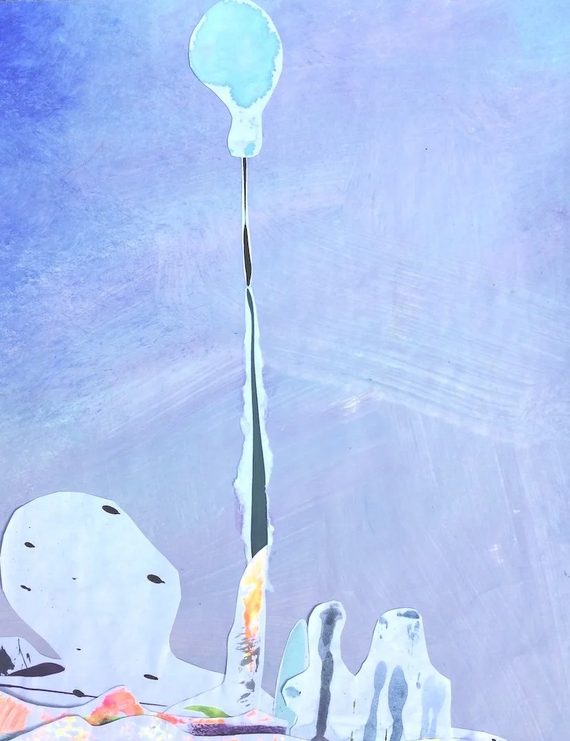 Collage image with a bluish purple background and paint drip cut outs pasted near the bottom. The paint cutouts are layered on top of each other. There is a long strip of dark blue paint in the middle, connected to a light blue oval at the top