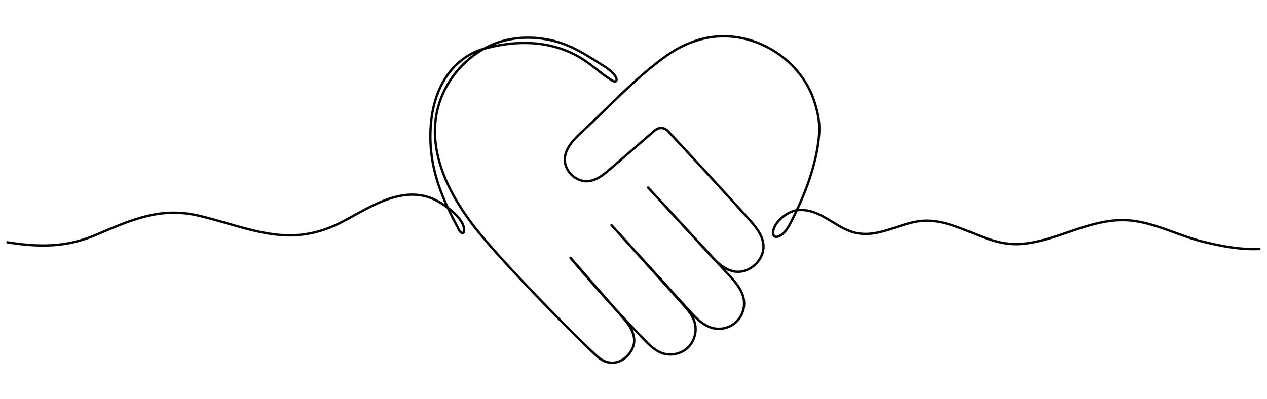 A minimalist one continuous line drawing of two hands shaking, in shape of a heart, with wavy lines in the background.