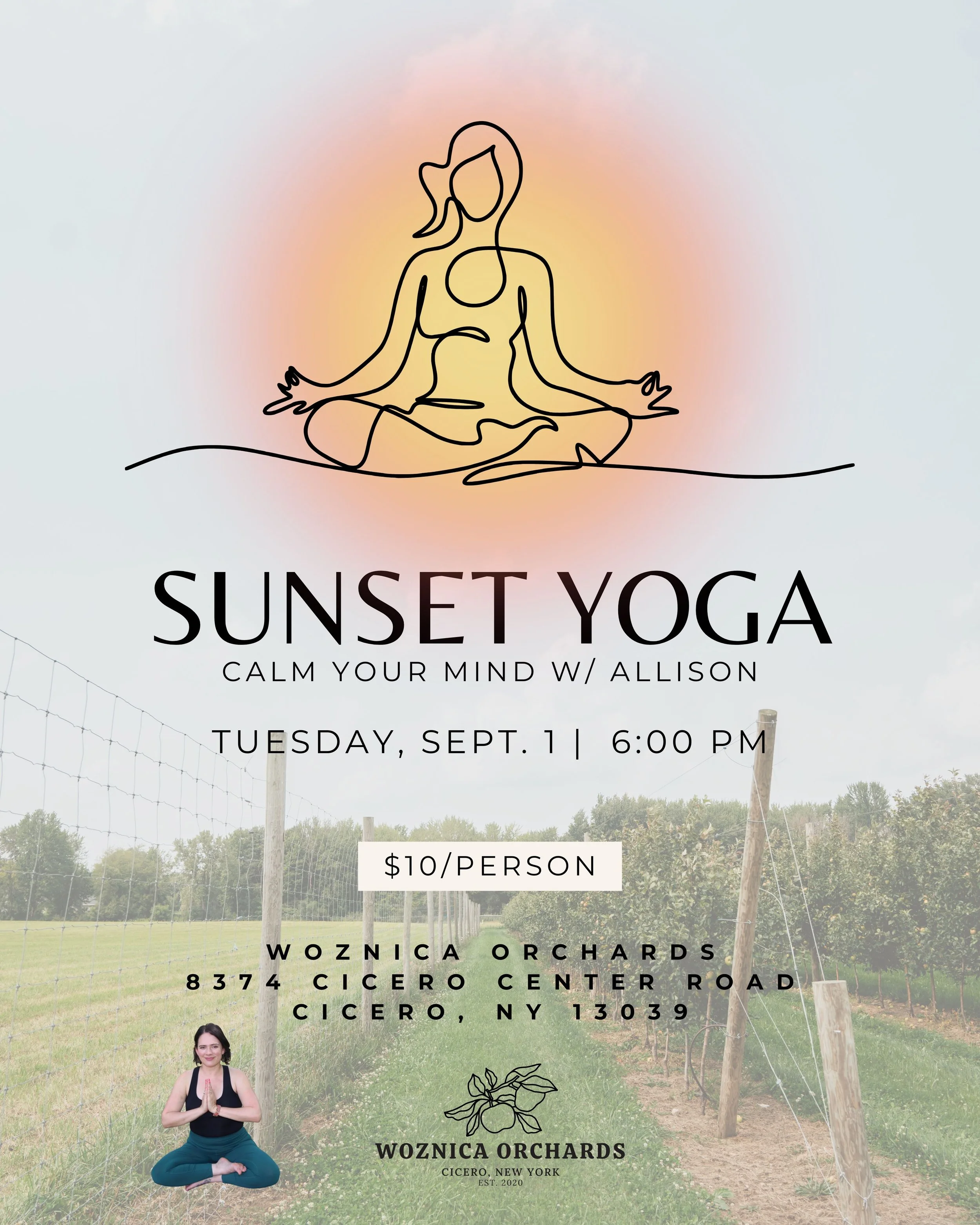 a flyer promoting sunset yoga Tuesday, Sept. 1, 6pm at Woznica Orchards.