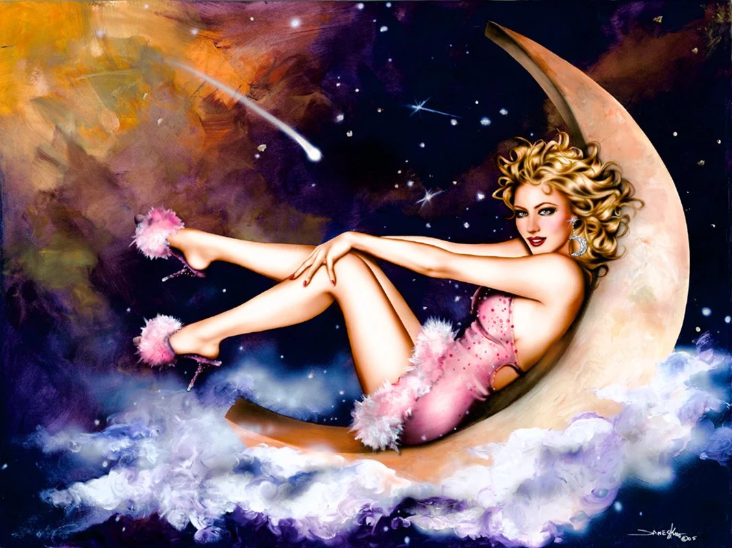 “Over The Moon” is a mixed media painting on acid free illustration board by artist Jennifer Janesko