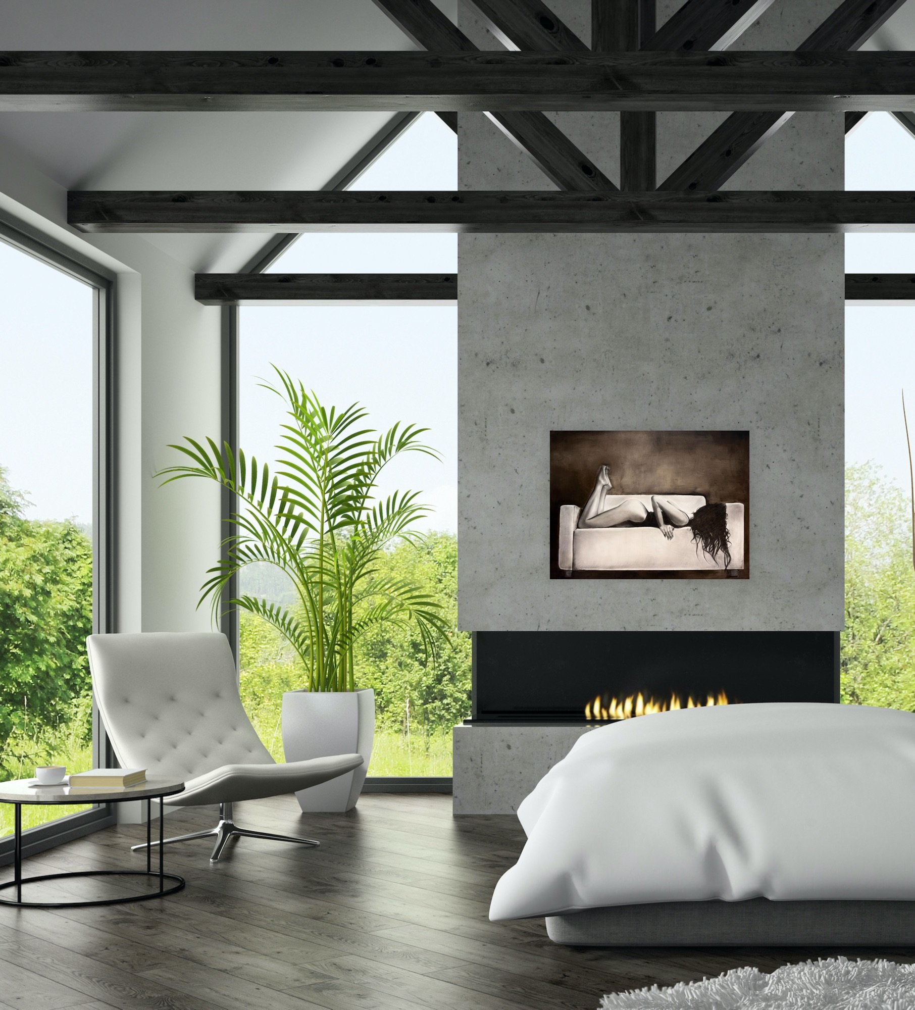 The In Between is a drawing on canvas using charcoal and oil pain on canvas, room view.