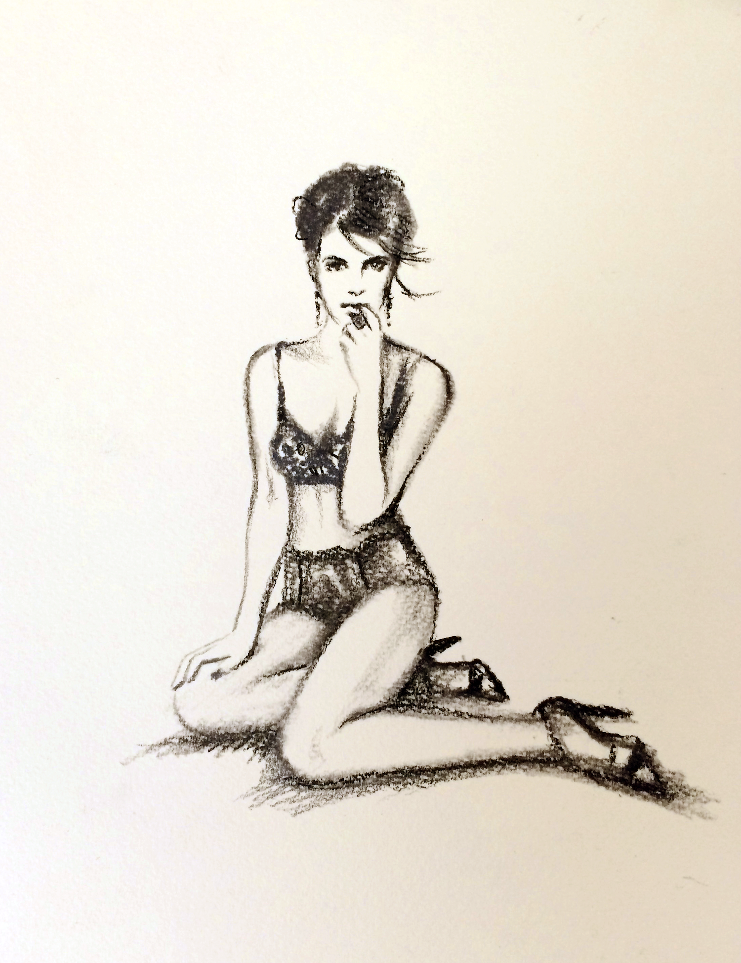 “The Wait” is an original creation, charcoal on paper.