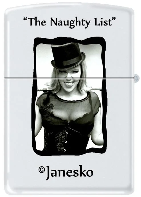 "Naughty List"' is a limited series of Zippo lighters featuring the art of Janesko, back view.