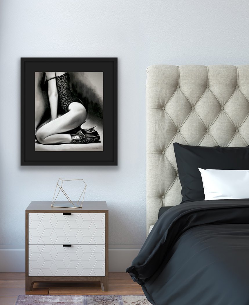 "Doomed By Desire" a charcoal and pastel drawing by artist Janesko, room view
