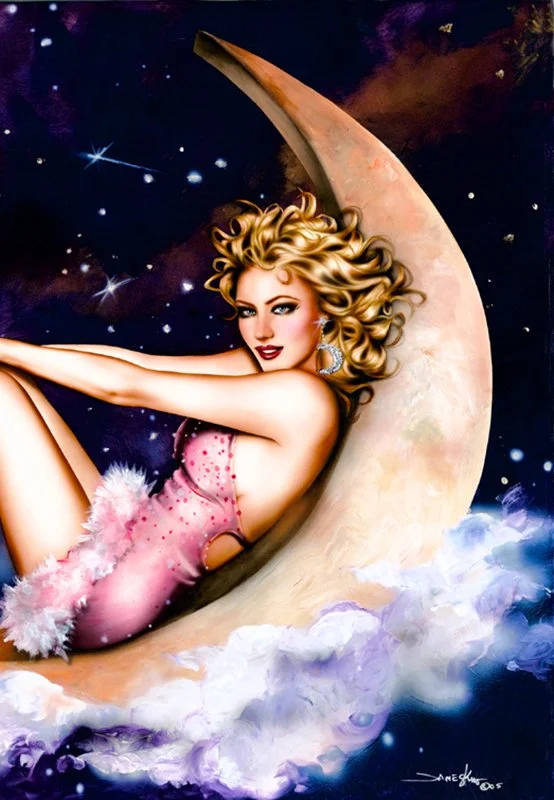 “Over The Moon” is a mixed media painting on acid free illustration board by artist Jennifer Janesko, detailed view