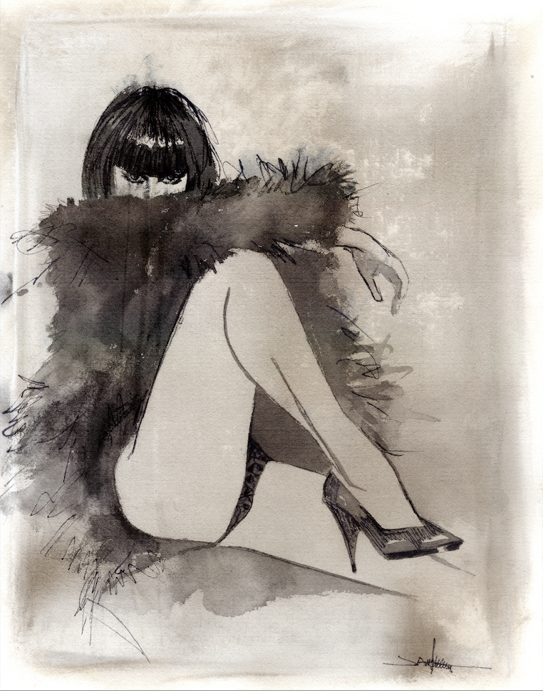 “Red Light” is an original creation, pencil and ink on fiber paper.