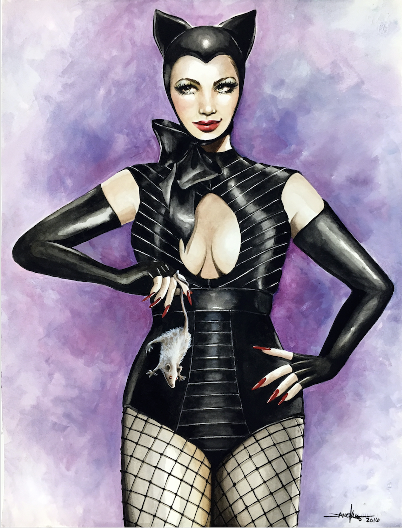 "Cat & Mouse" is an original watercolor painting by artist Janesko.