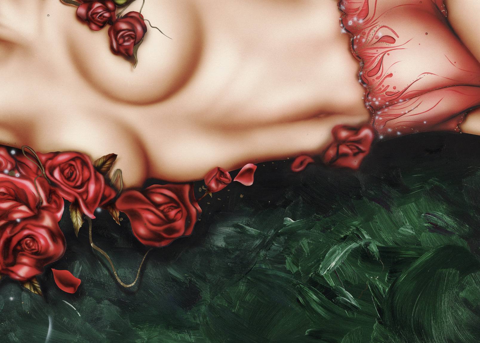 “Secret Garden” is a mixed media painting on acid free illustration board by Janesko, detailed view.