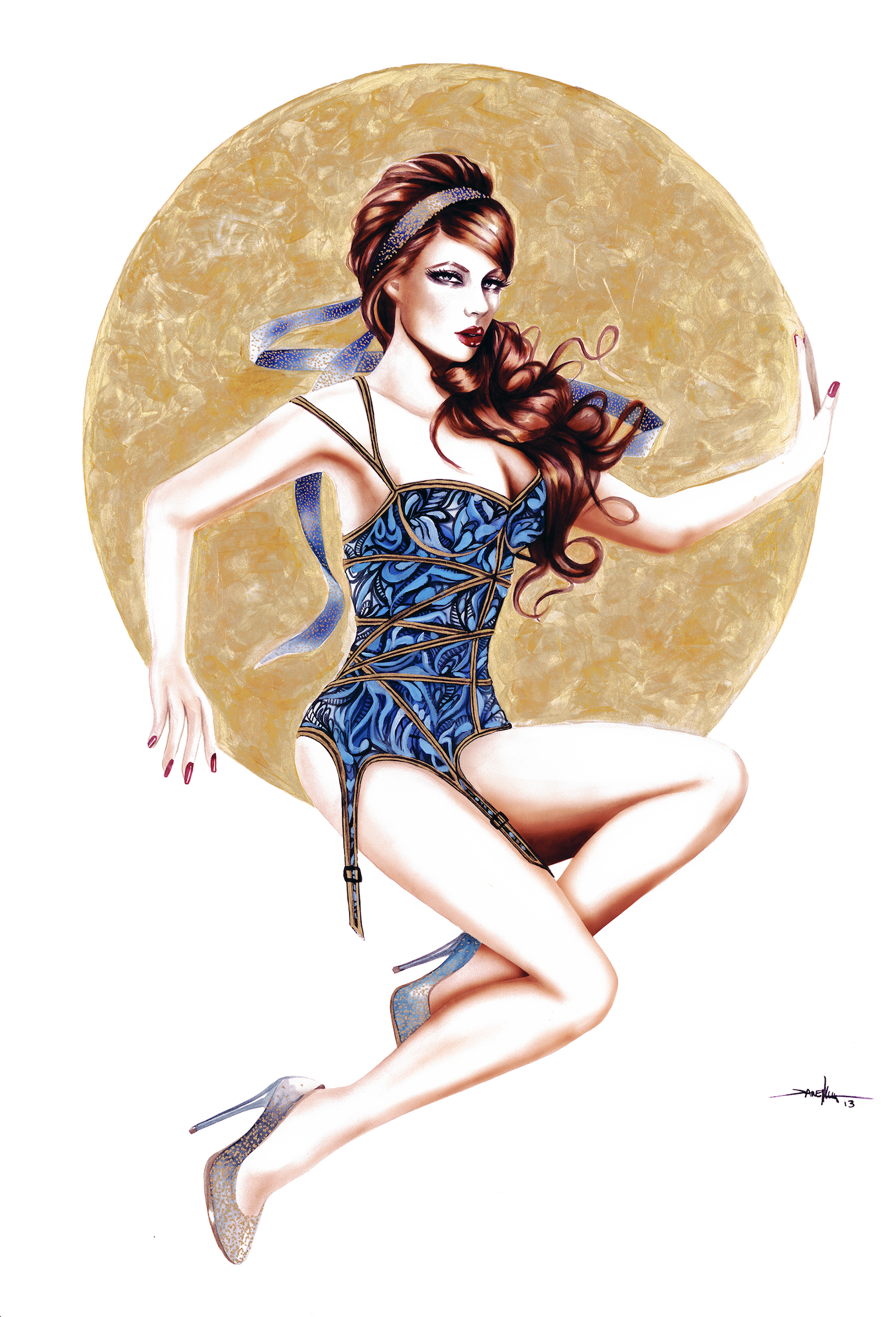 “Soleil” is a mixed media painting on illustration board, accented with gold acrylic.