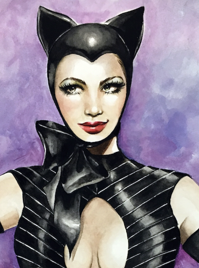 “Cat & Mouse” is a watercolor pinup painting on archival paper with hand accented details by artist Janesko.