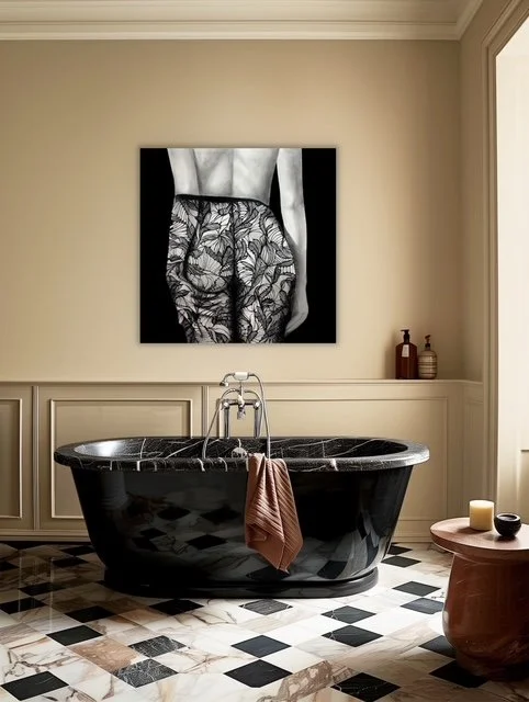 The Fine Line is a charcoal and oil painting on canvas using charcoal and oil pain on canvas, room view.