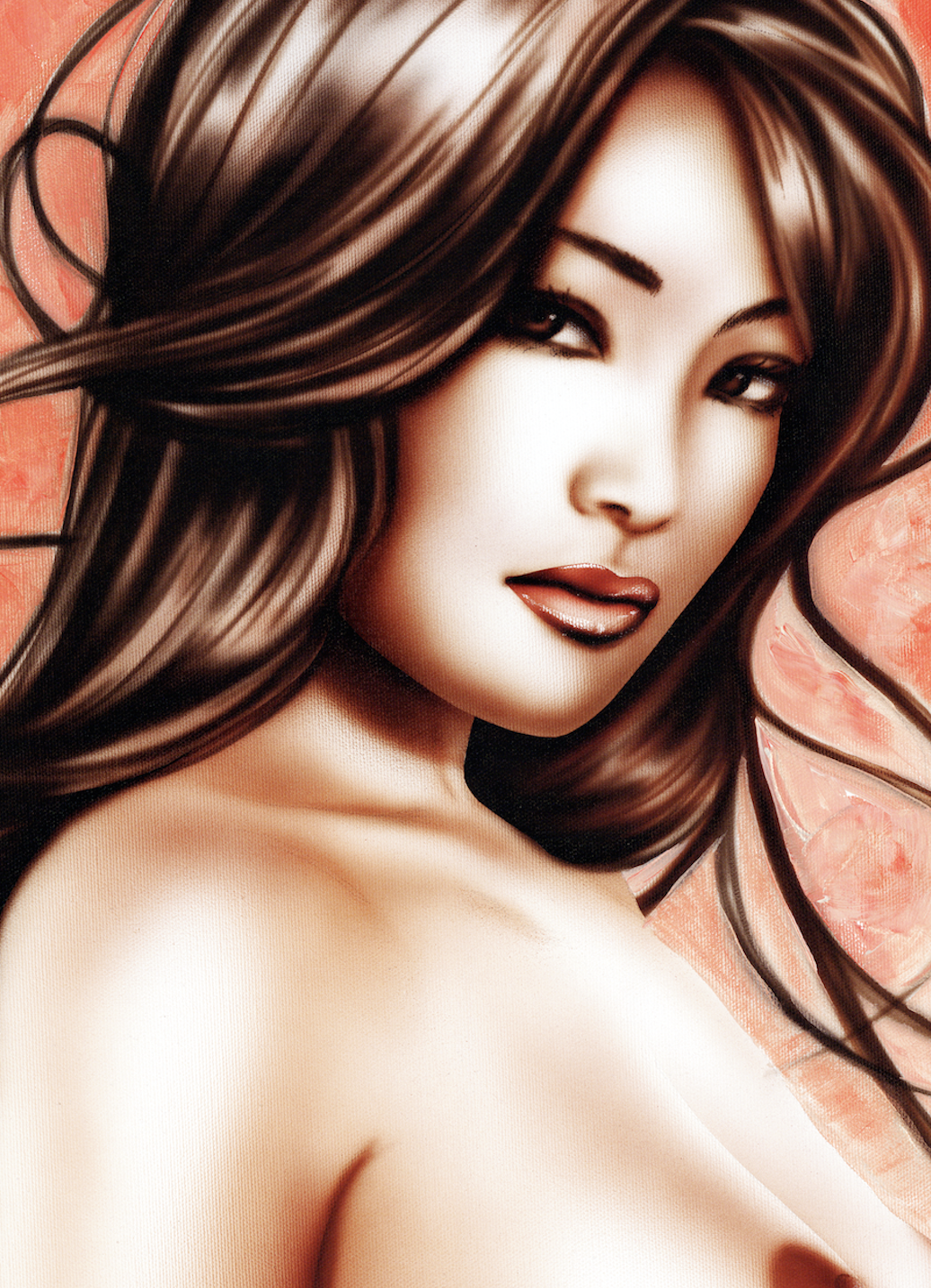 "Fragile" is an airbrush pinup watercolor painting created by artist Jennifer Janesko .