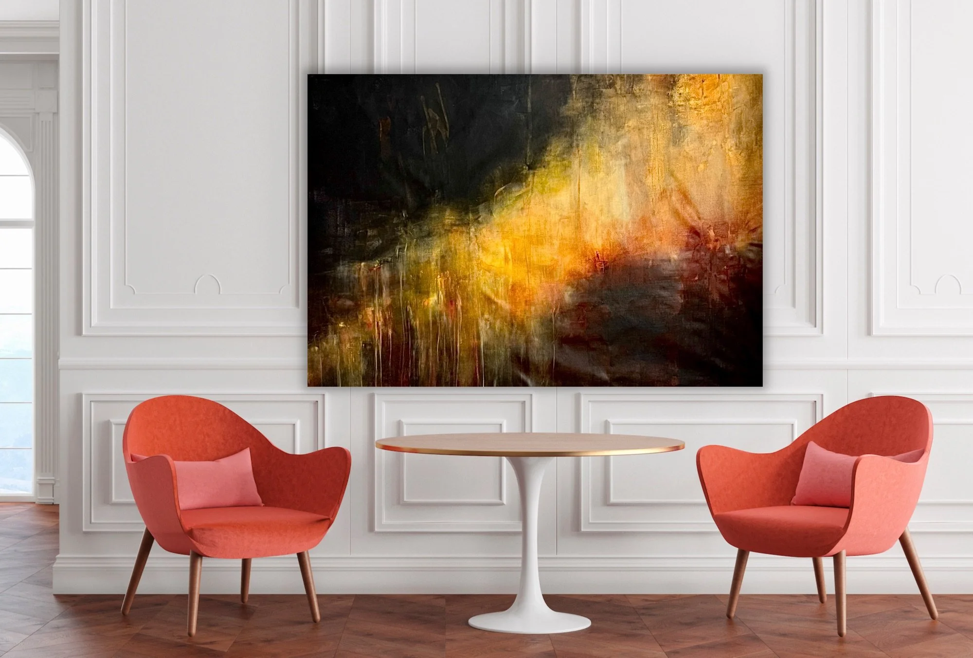 Quantum is an acrylic painting by artist Jennifer Janesko room view.