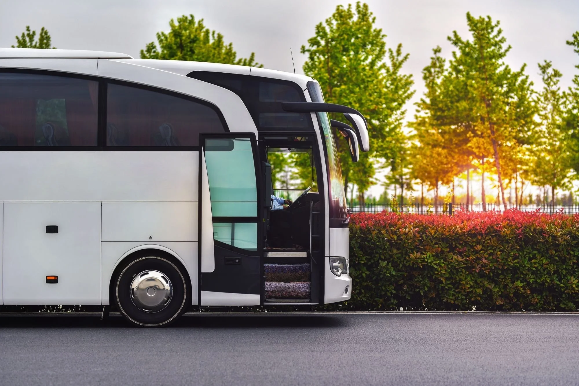 Charter coach bus parked with open door at golden hour—high capacity wedding guest shuttle