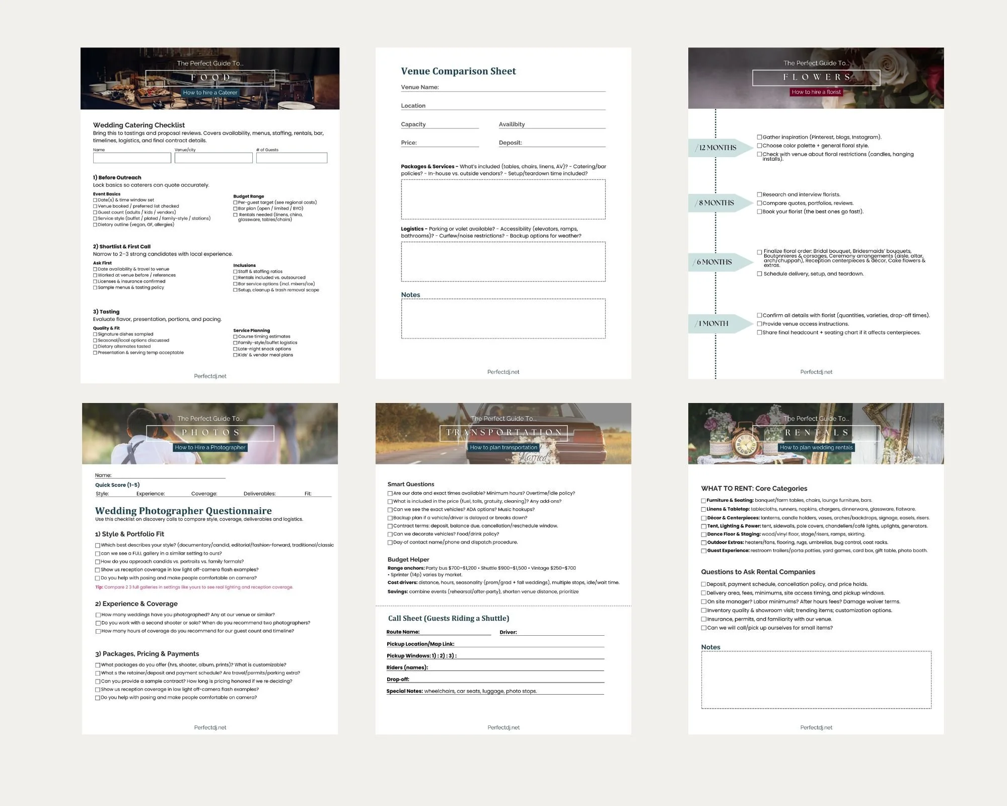 Six pages of wedding planning guides covering topics such as food, flowers, photos, transportation, and rentals, each with checklists and instructions.