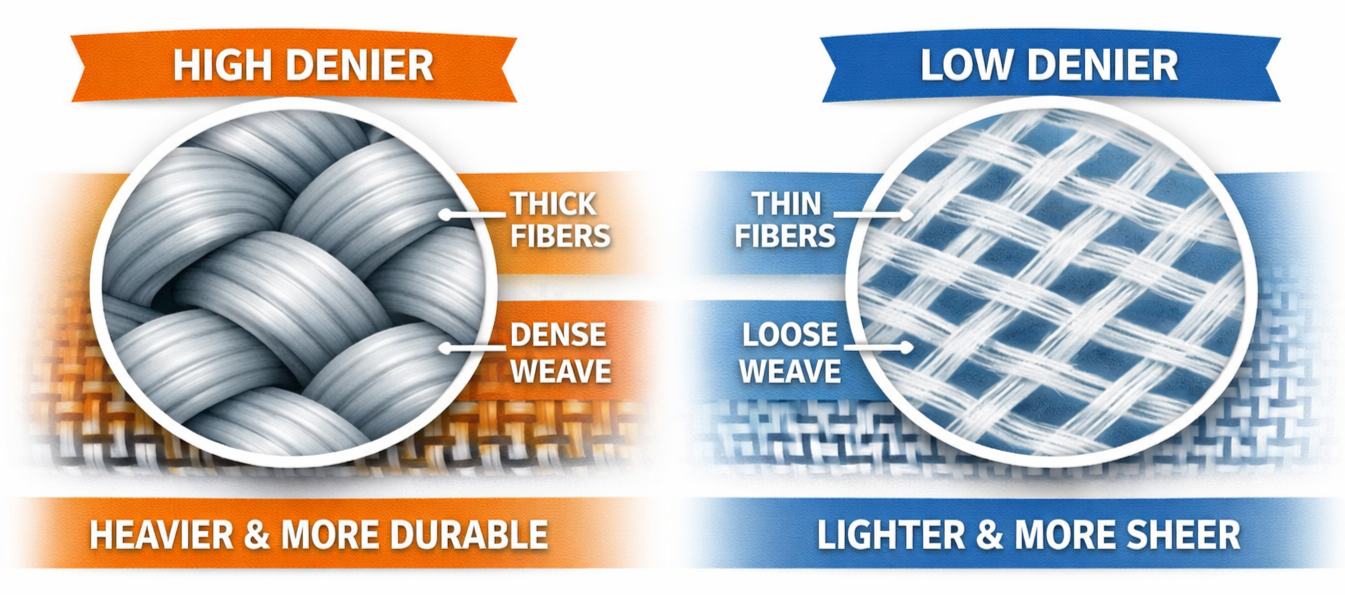 Comparison of high denier and low denier fabric. The high denier fabric has thick fibers and dense weave, making it heavier and more durable. The low denier fabric has thin fibers and loose weave, making it lighter and more sheer.