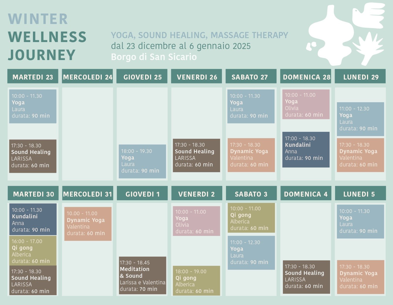 Weekly schedule poster for Winter Wellness Journey at Borgo di San Sicario, featuring yoga, sound healing, and wellness classes from December 23, 2024, to January 5, 2025.