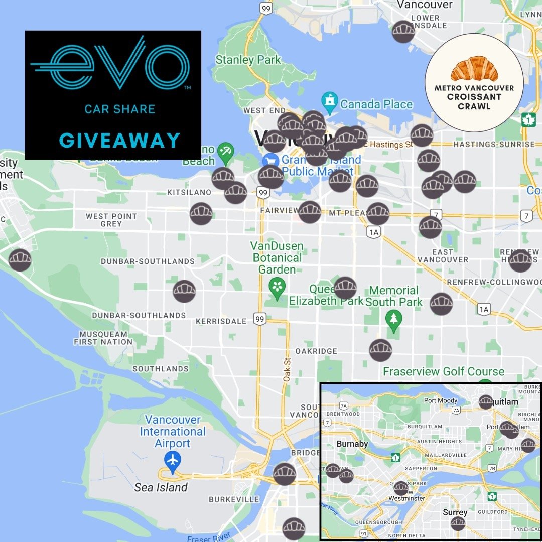 ⭐️FLASH GIVEAWAY ALERT⭐️ There&rsquo;s one final week of the Metro Vancouver Croissant Crawl! @evocarshare wants to help one lucky winner get around town to finish exploring limited edition croissants. Their fully hybrid and electric vehicle fleet is