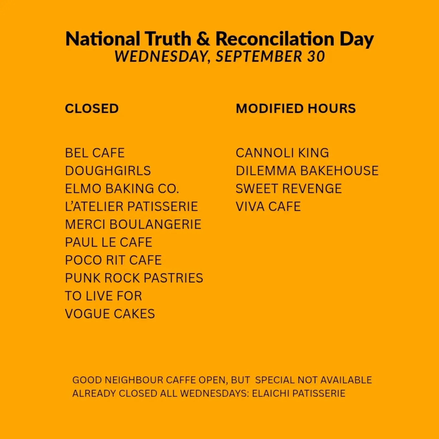 See our list of vendor closures in observance of National Day for Truth and Reconciliation tomorrow, Wednesday September 30.

Modified hours
@cannolikingvancouver 10am - 4pm
@dilemmabycatch 9am - 3pm
@sweetrevenge_bakery 9am - 9pm
@vivacafebakery 8am
