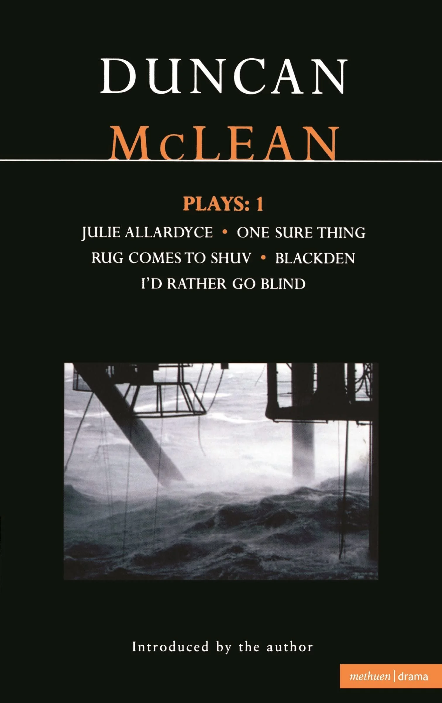 Book cover for Duncan McLean's play collection, featuring a black background, white and orange text, and an image of a shipwreck or boat in stormy seas at the bottom.