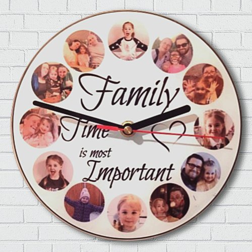 Wall clock with family photos around the face and the words "Family Time is most Important" in the center.