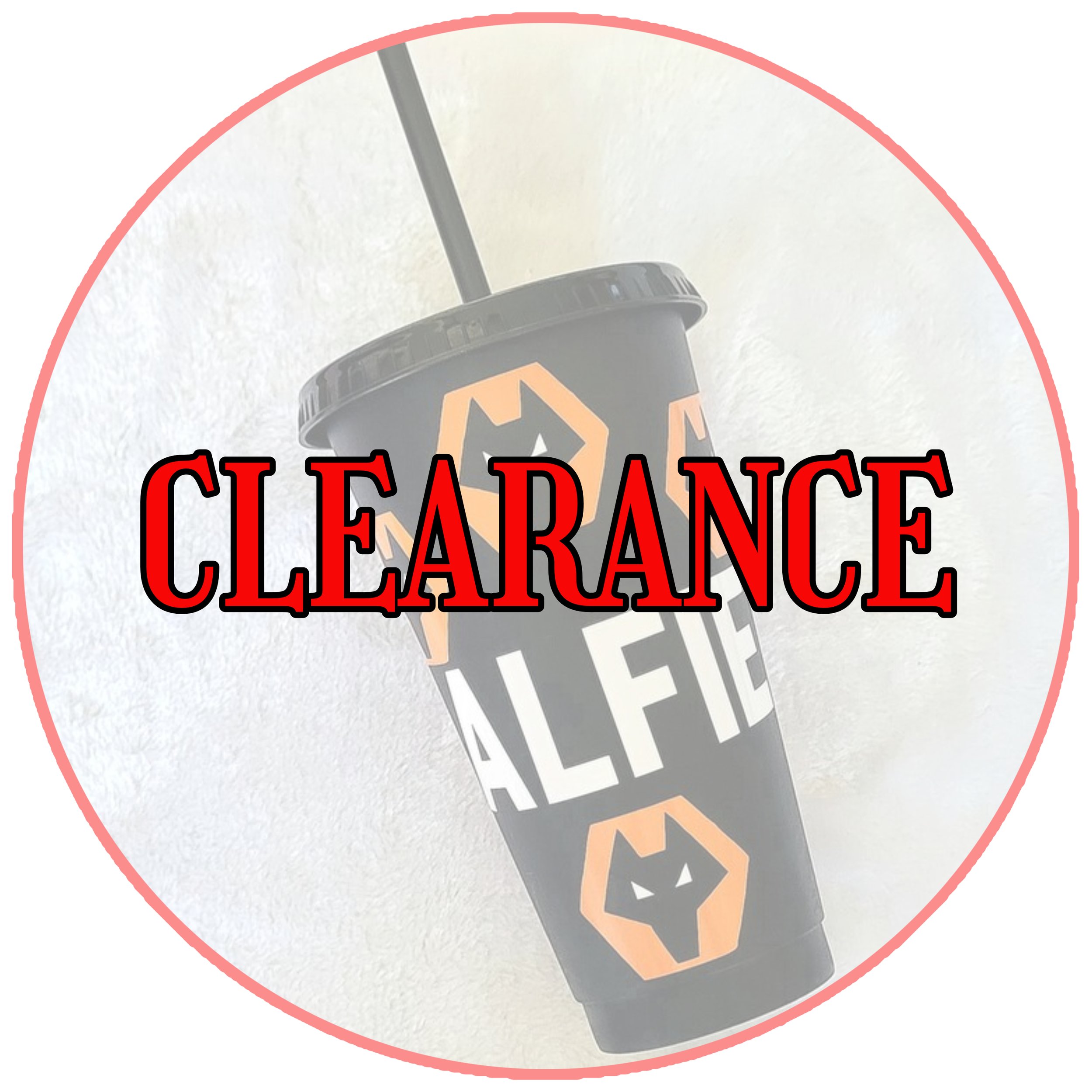 A black coffee cup with a black lid and a straw, featuring the 'Alfie' logo with a bear face, overlaid with the word 'CLEARANCE' in bold red letters.