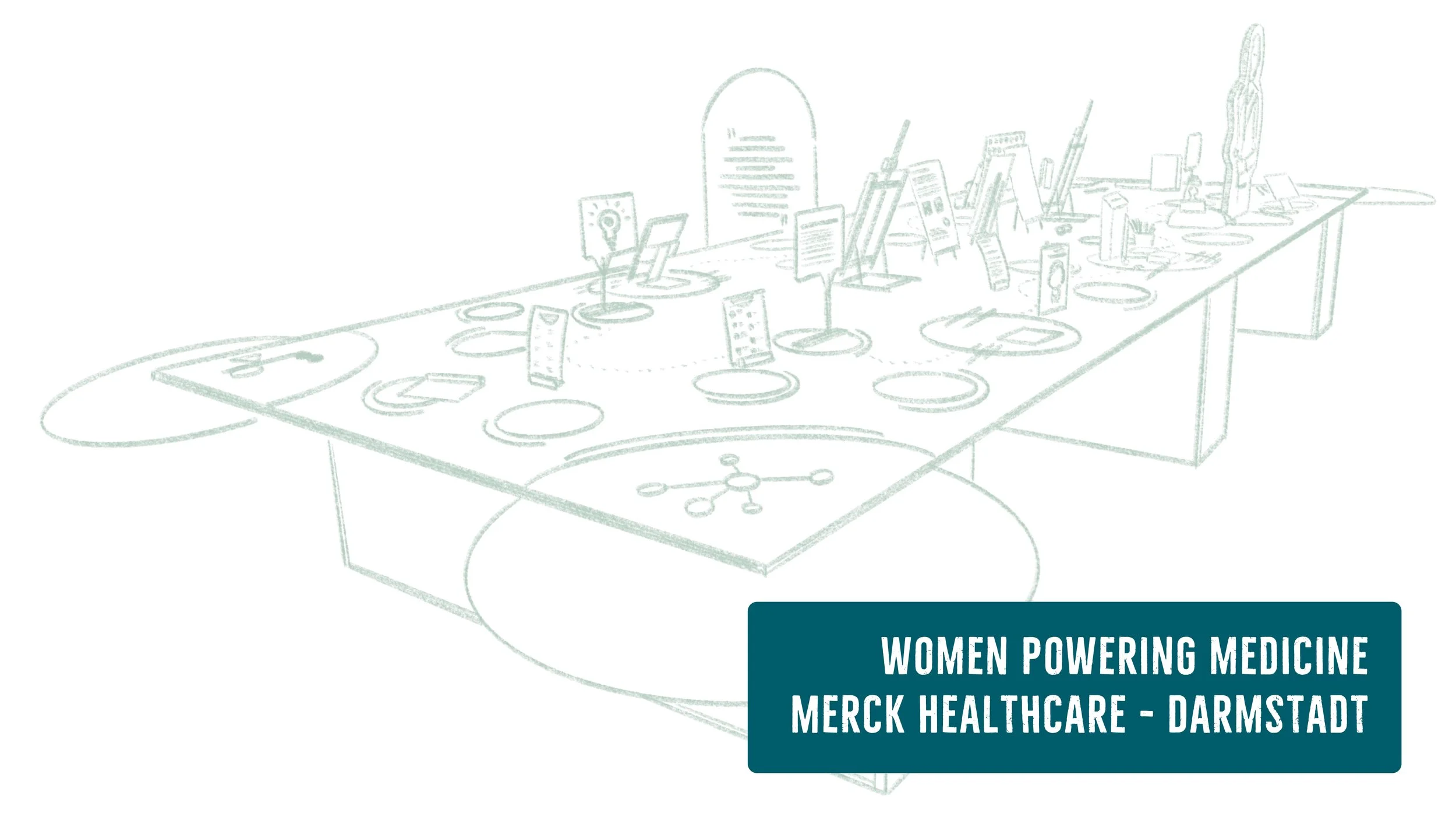 Illustration of a large table with various medical and scientific objects and symbols. Text: "Women power medicine - Merck Healthcare - Darmstadt".